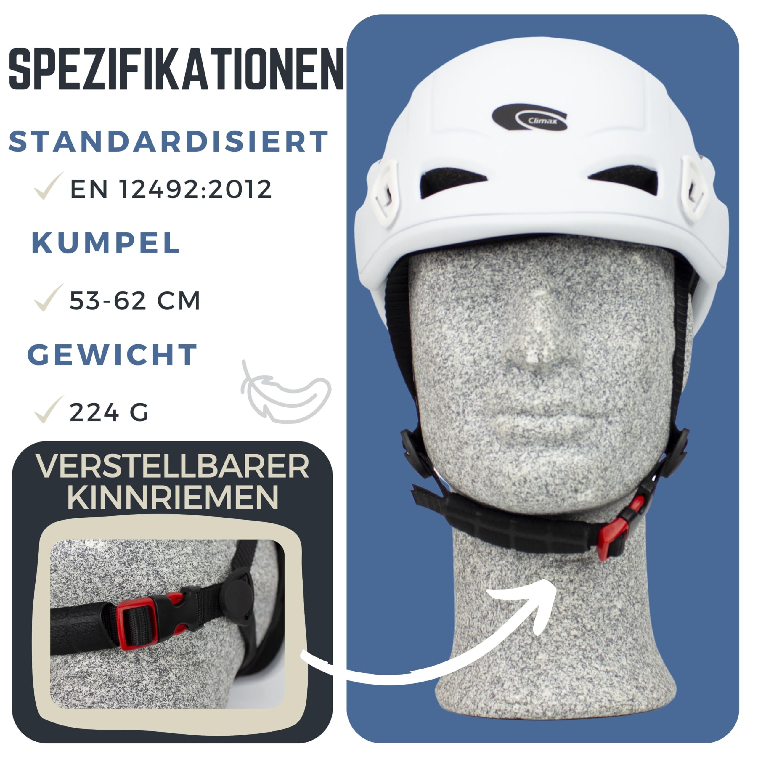 Climax MAKALU91 - Casco de Seguridad Blanco para Industria y Montañismo - EN397 / EN12492-53-62 Ajustable - Ventilado