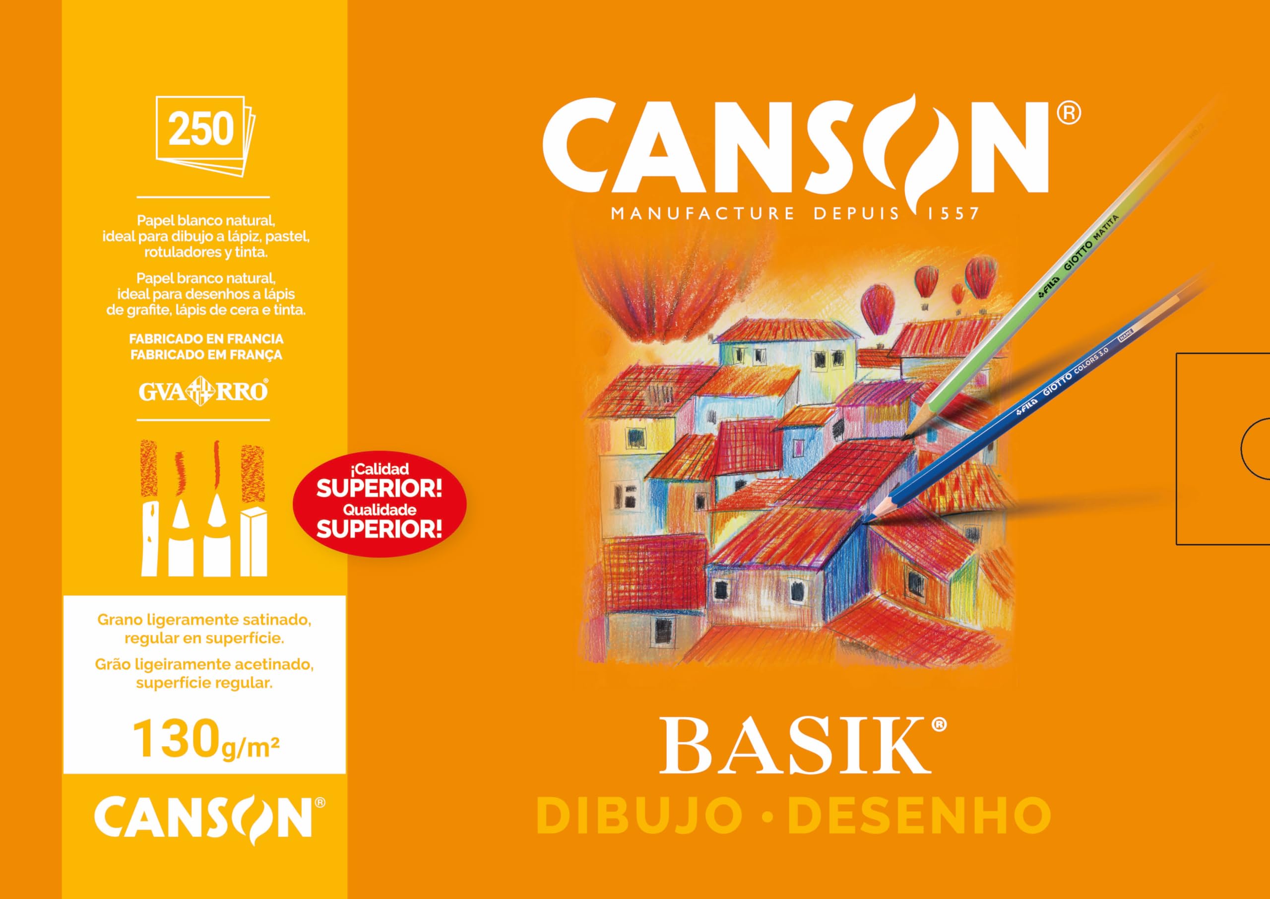 Canson Dibujo Basik, Papel de dibujo blanco, Grano fino, 130gsm, Hoja, A4-​21x29,​7cm, Blanco natural, 250 Hojas
