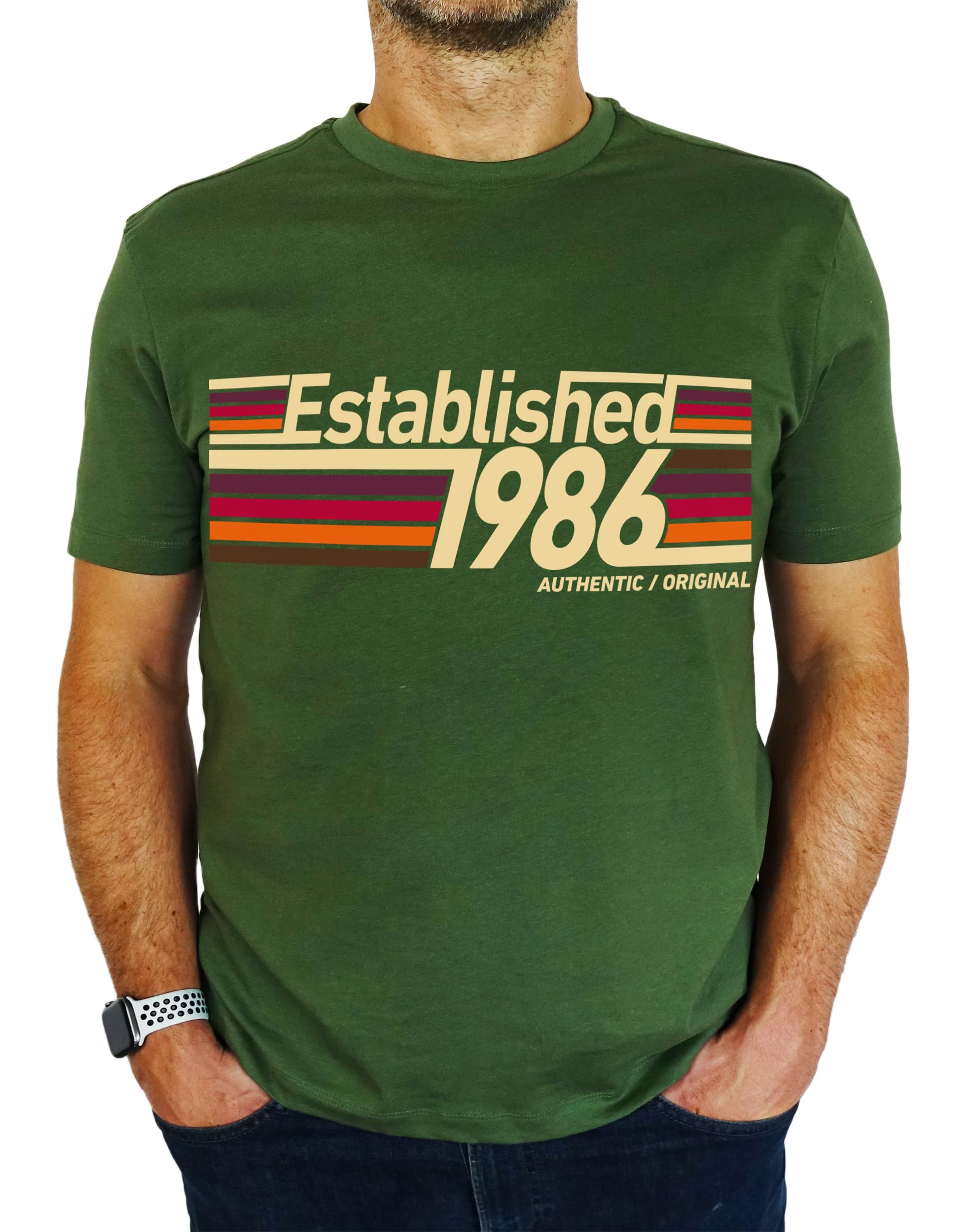 1986 Established Retro Stripes - 40th Birthday Gift | Present Mens T-Shirt Earthy Green L