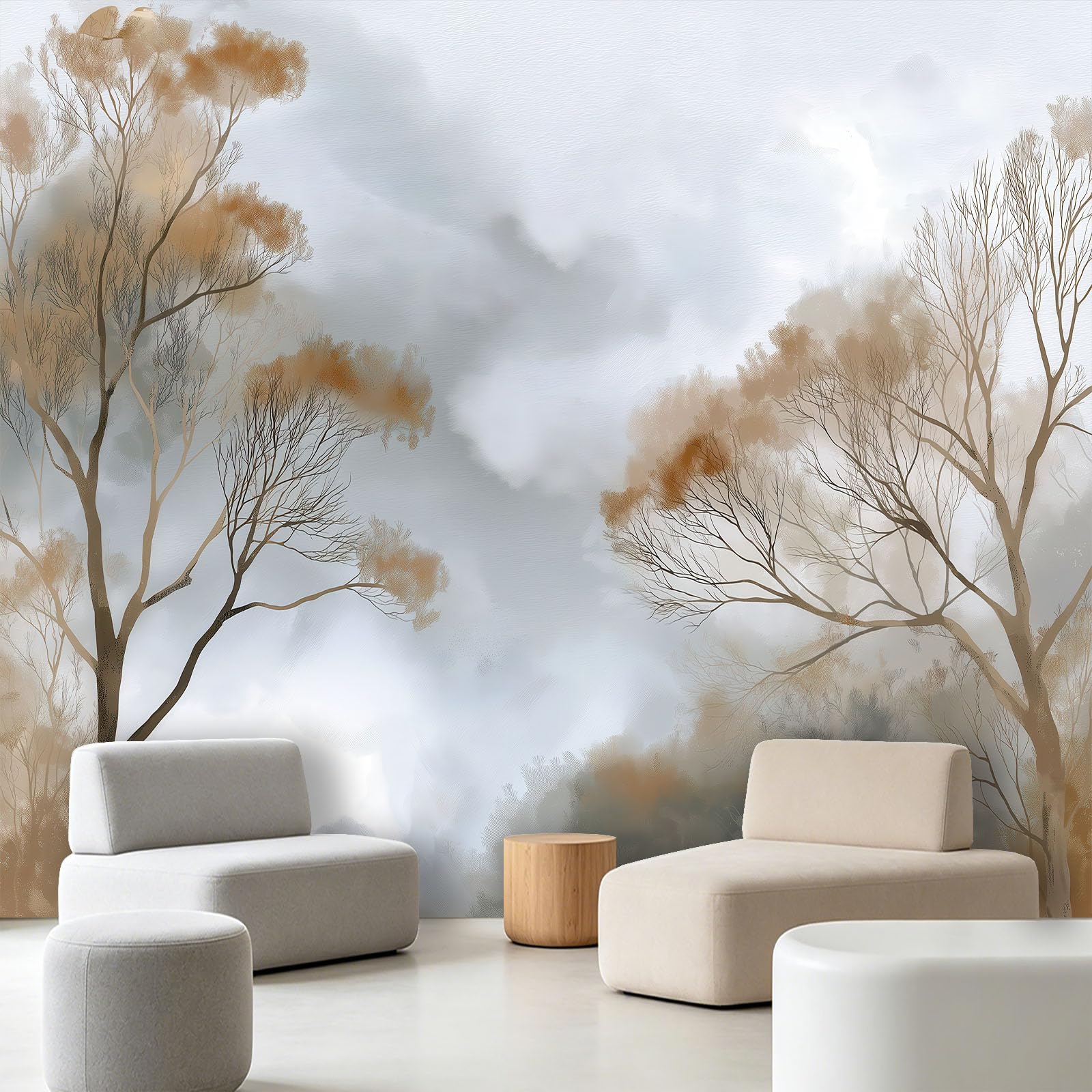 Papel pintado fotográfico con tinta botánica, 300 x 210 cm (ancho x alto), no tejido, impresión artística de alta calidad, póster decorativo, diseño moderno, árboles ahumados