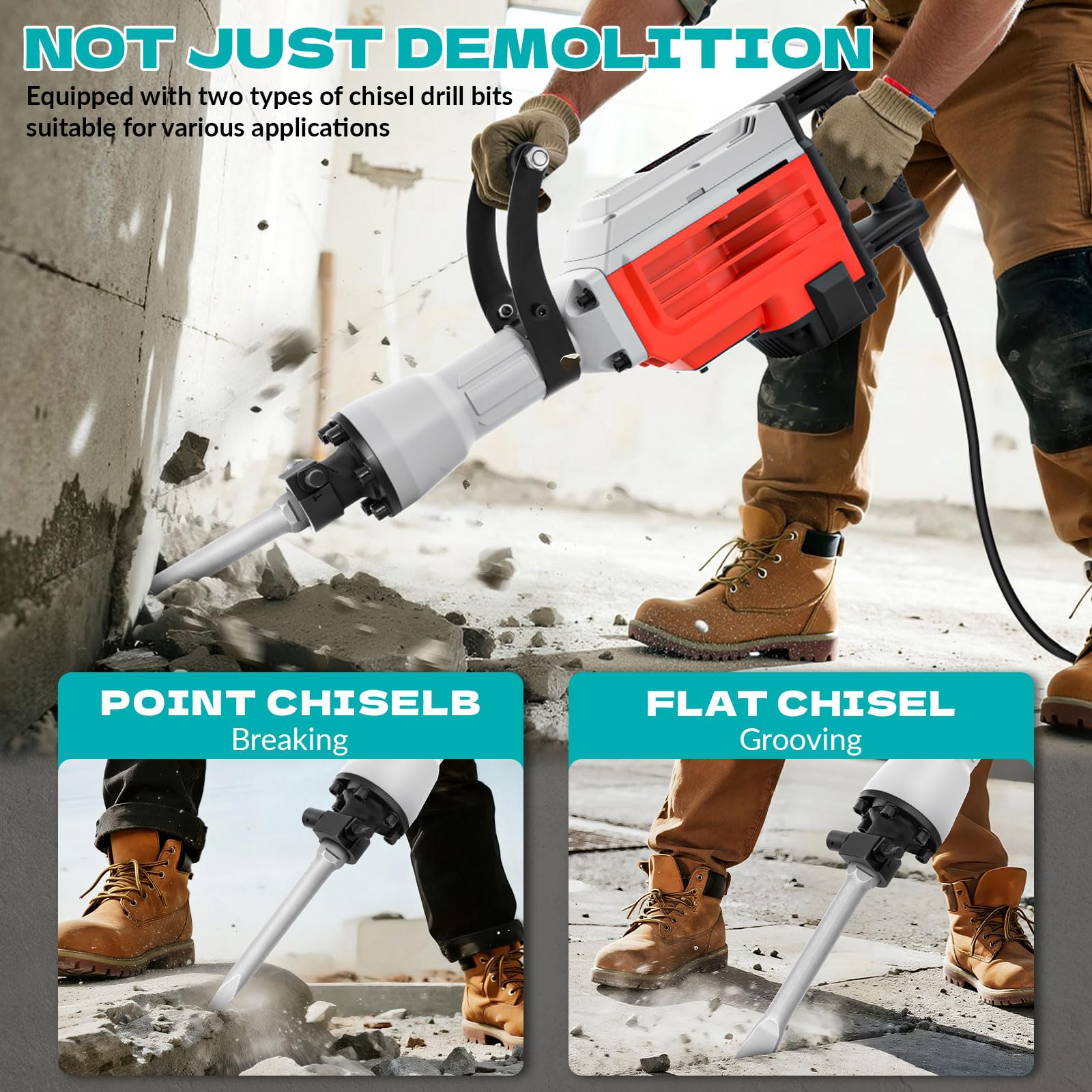 Martillo de demolición 3500 W – 60 J de energía de impacto, 1900 BPM, SDS Hex, 2 cinceles (punta y plana), para hormigón, piedra y escombros