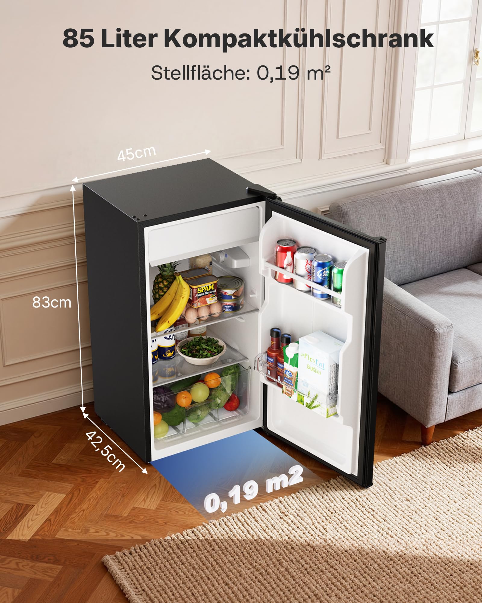 Upstreman CR85 Kühlschrank 85L Ohne Gefrierfach 0-12°C 5-stufige Temperaturregelung LED-Beleuchtung 39 dB Leise Energiesparend