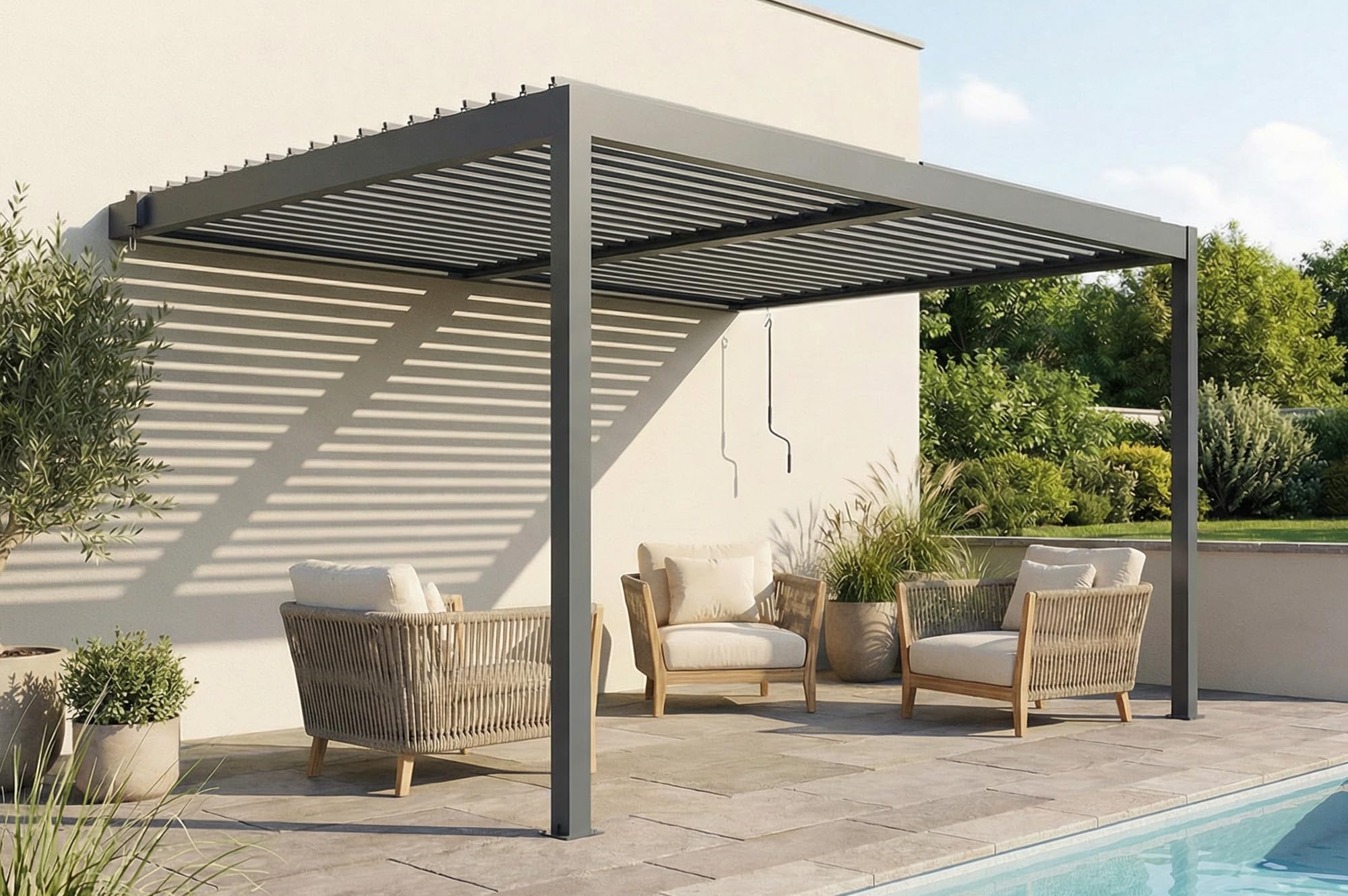 CAZEBOO Pergola Bioclimatica Addossata PIANA 388x298 cm (4x3 m – 12 m²) Alluminio Grigio Antracite – Lamelle Orientabili 0-110° Acciaio – Resistente Vento 70 km/h – Kit Completo con Manovella