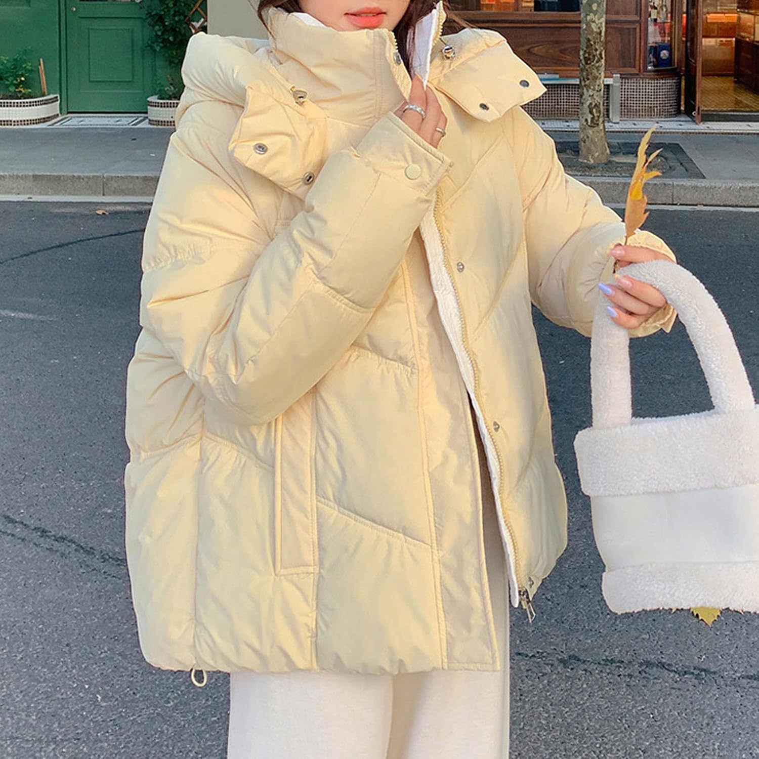 Womens Hooded Quilted Puffer Jacket Full Zip Mid-length Padded Warm Winter Heavyweight Coat Outerwear with Pockets