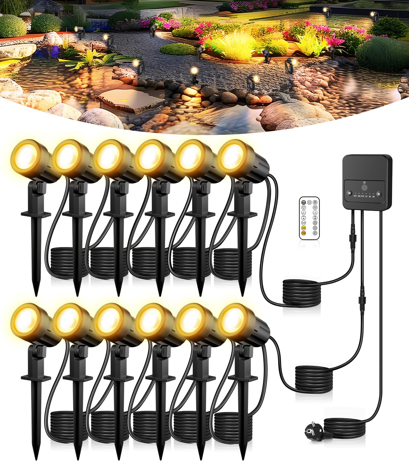 CLV Oświetlenie ogrodowe z zasilaniem, 35M reflektor ogrodowy LED zewnętrzny 2700K-6500K ściemnialne oświetlenie z pilotem 2 tryby dynamiczne oświetlenie 2400LM IP66 wodoodporne lampy do ogrodu