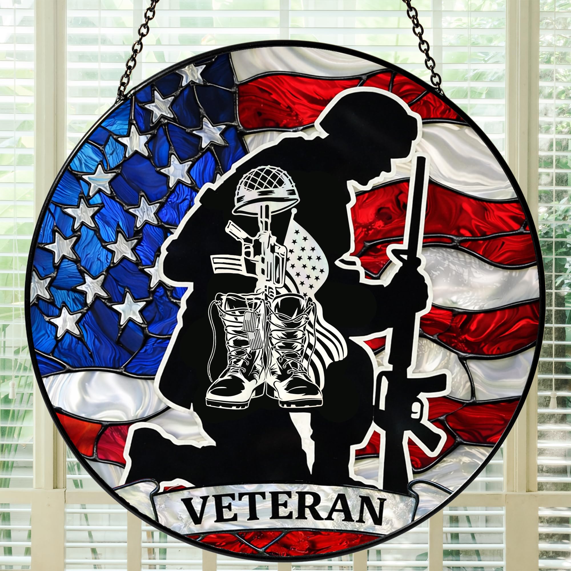 Bozspacer Army Veteran Stained Glass Suncatcher 6x6'', Veteran Day Gift, Army Retirement Gifts for Men, Military Retirement Gifts for Men, Keepsake Decor — image 1