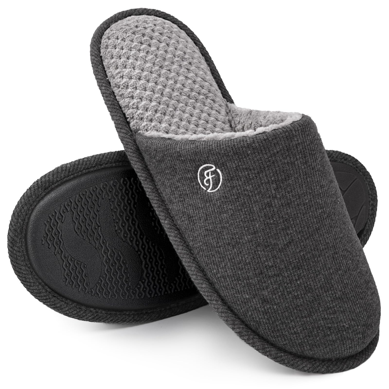 EverFoams Men's Cotton Knit Slippers Lightweight Memory Foam Indoor House Shoes with Anti-Skid Sole