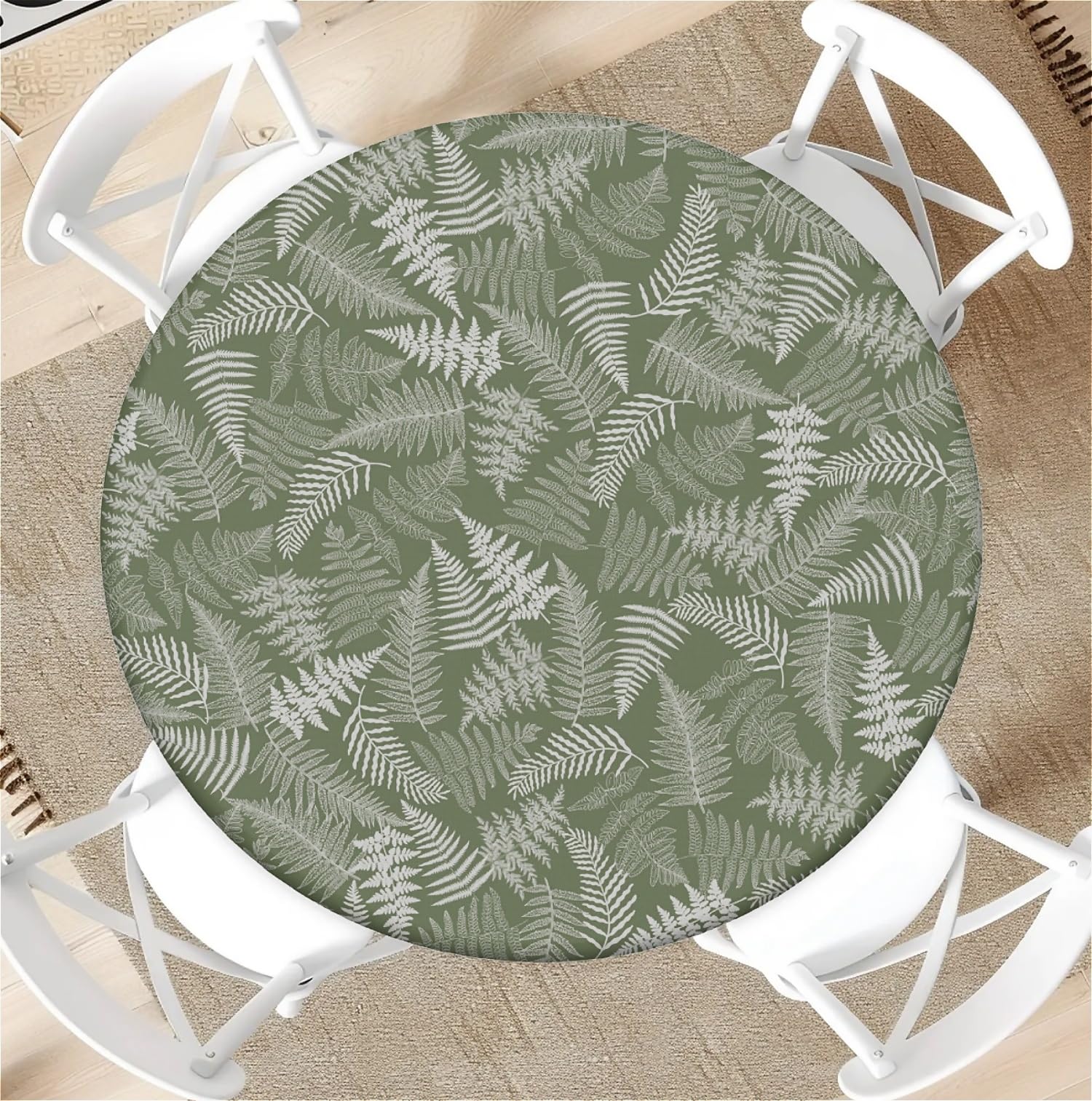 Round Tablecloth with Elastic Edge 44 Inch Waterproof Outdoor Fitted Table Cover for Dining, Kitchen, Party –Green Plants Decorative Patterned Table Protector