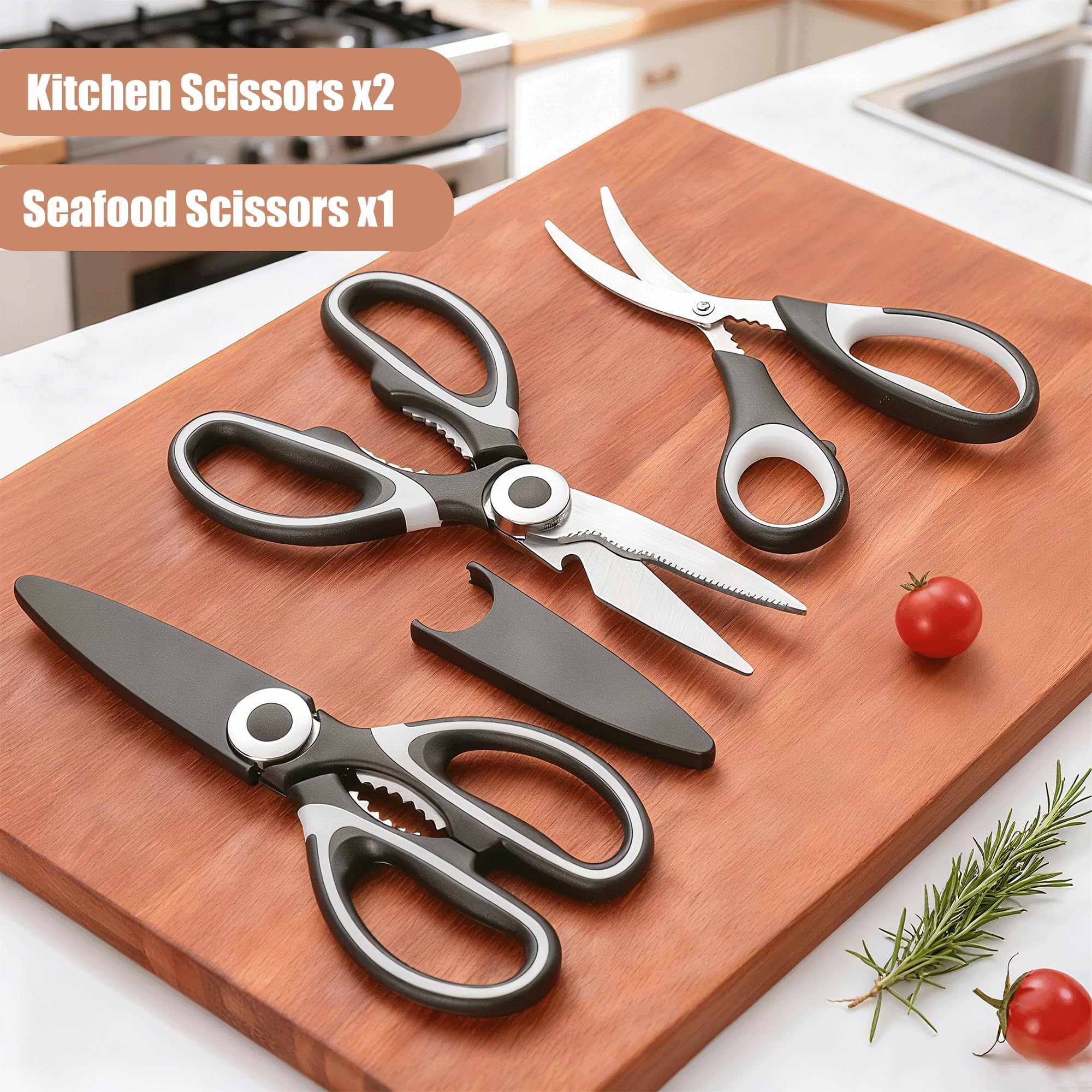 OMDAR Tijeras de cocina multiusos, 3 unidades, tijeras de cocina de acero inoxidable resistentes para cortar carne, alimentos, pescado, aves de corral, tijeras afiladas multiusos para lavavajillas