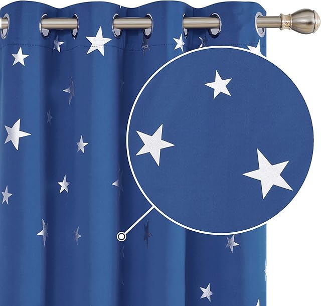 Deconovo Stars Foil Printed Thermal Insulated Curtains Eyelet Blackout Curtains for Kids Bedroom 46 x 54 Inch Blue 1 Pair