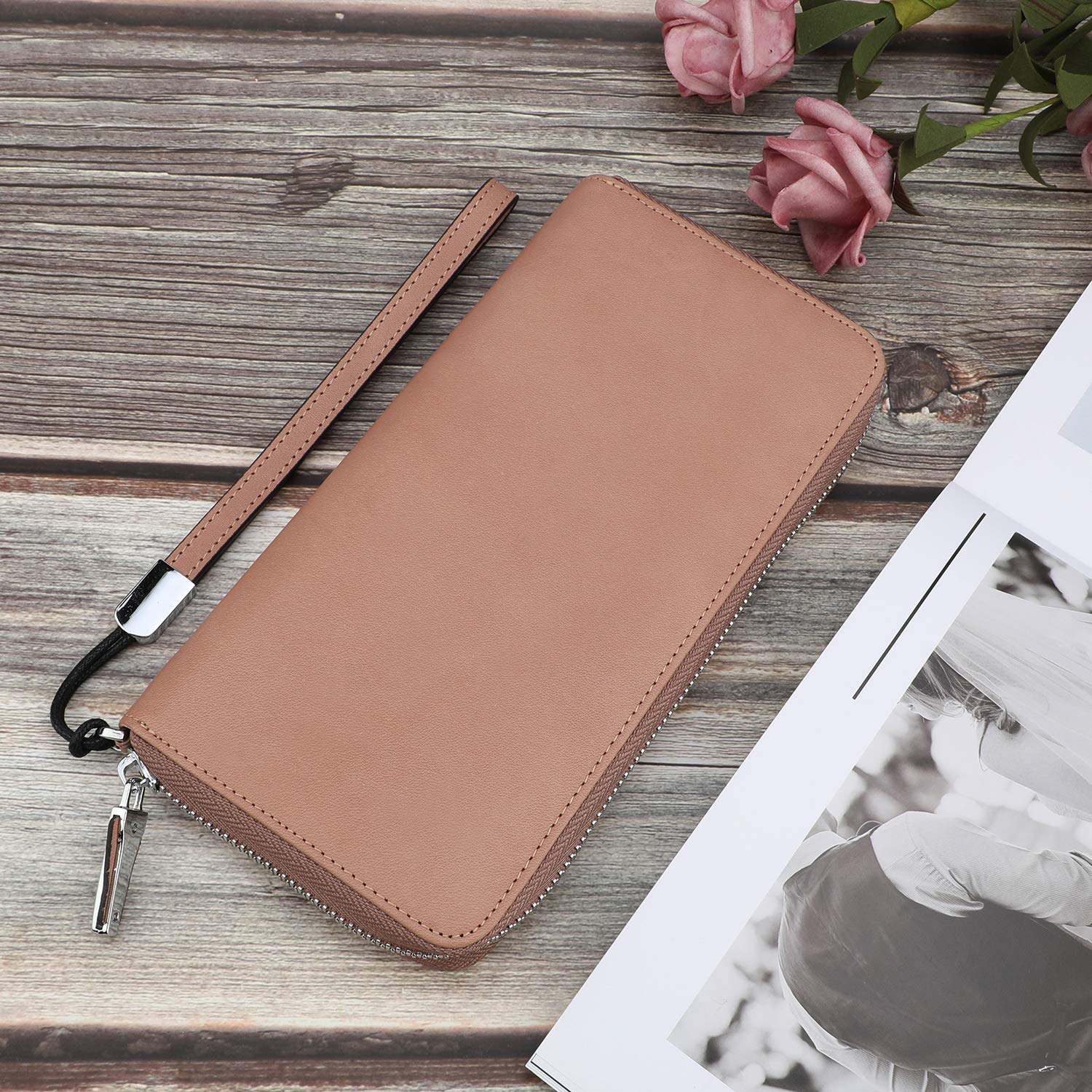 Lavemi Damen RFID-Blockierendes Leder Große Kapazität Reißverschluss Around Geldbörse Clutch Reise Geldbörse mit Handschlaufe, 2. Dunkles Rosa, Einheitsgröße, RFID-Brieftasche
