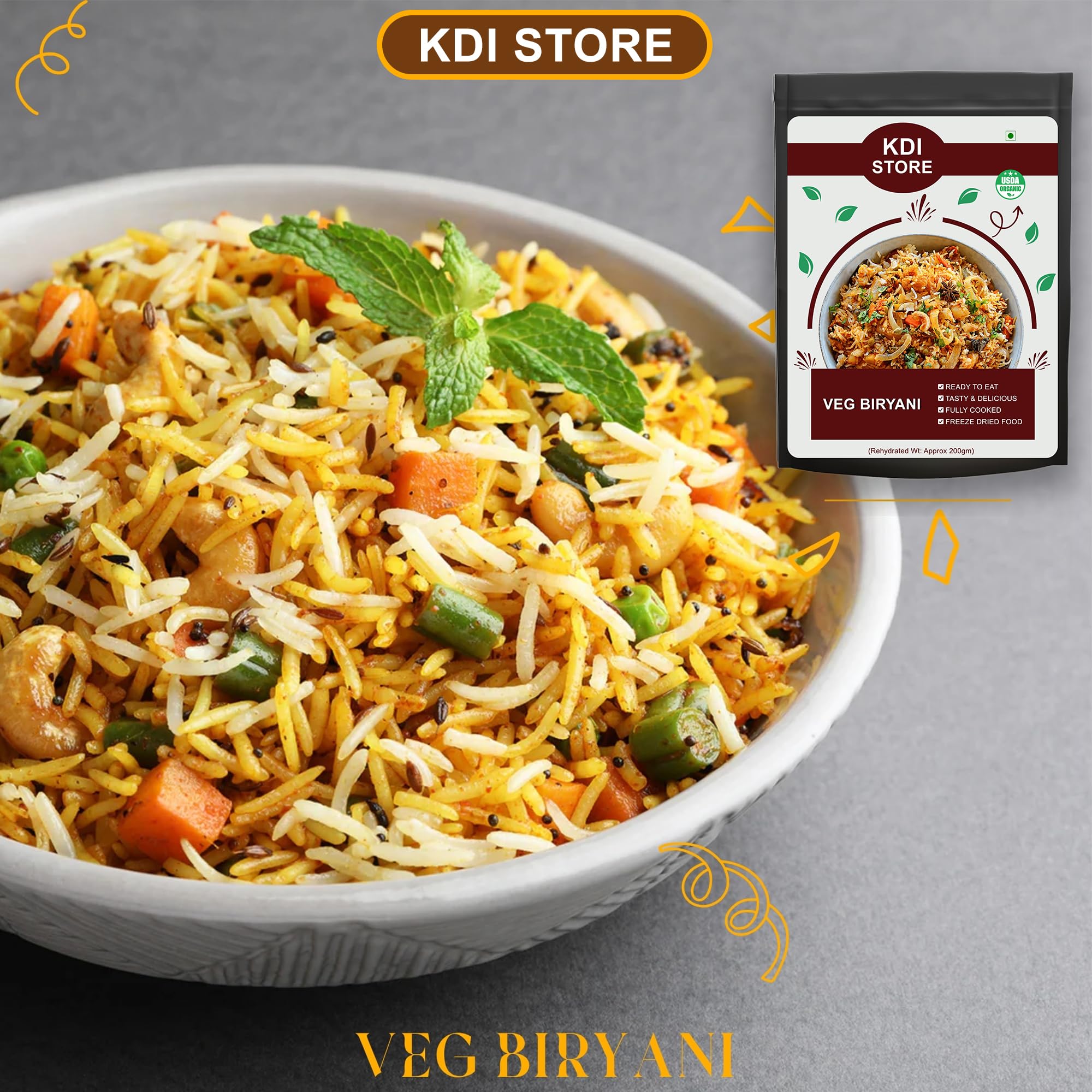 KDI Store Vegetarian Biryani, Ready to Eat, Freeze Dried, USDA Organic, Fully Cooked Indian Rice Dish, 80g