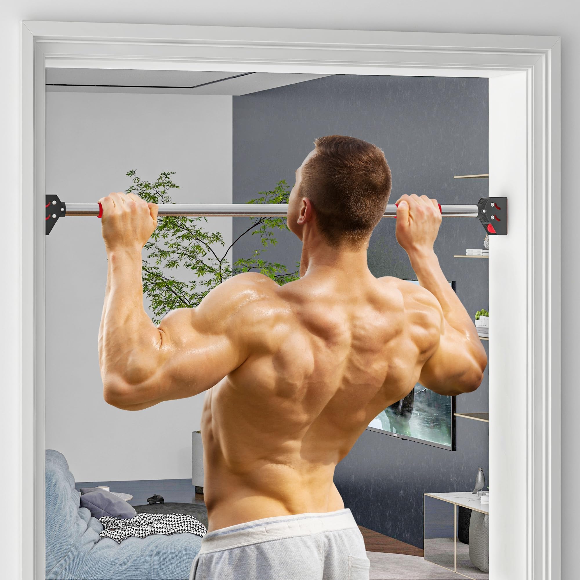 SPORTNOW Barra de Dominadas para Puerta Barra para Hacer Dominadas Ajustable de 95 cm a 123 cm Carga 200 kg para Ejercicio y Entrenamiento en Casa Gimnasio Negro y Rojo
