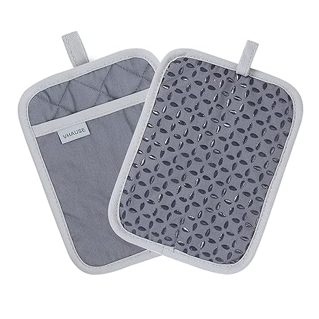 VHAUSE 2PCS Pot Holders for Kitchen - Cotton Oven Hot Pads Set with Non-Slip Silicone Grip and Pocket Heat Resistant Pans Handle Covers Potholders Machine Washable Grey