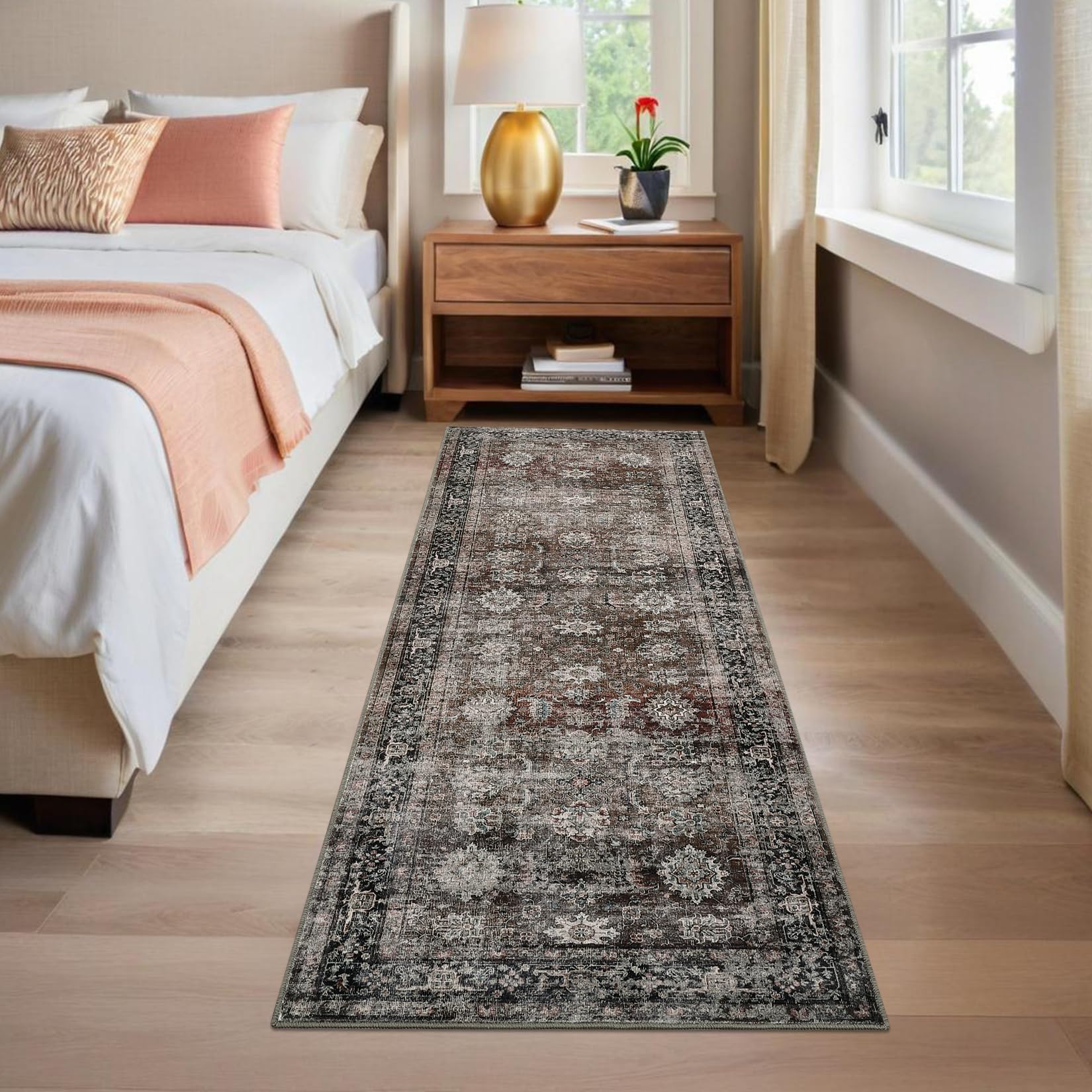 LuxFocus Washable Runner Rugs for Hallway 60x230cm, Non-Slip Kitchen Rug, Low Pile Vintage Distressed Carpet Runners, Oriental Carpet Indoor Carpets for Bathroom Entrance, Red Green