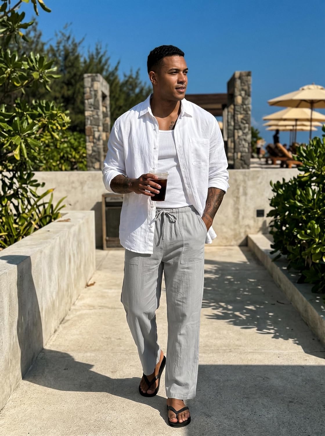 AITFINEISM Men's Casual Cotton Linen Pants Elastic Waist Lightweight Drawstring Summer Pants