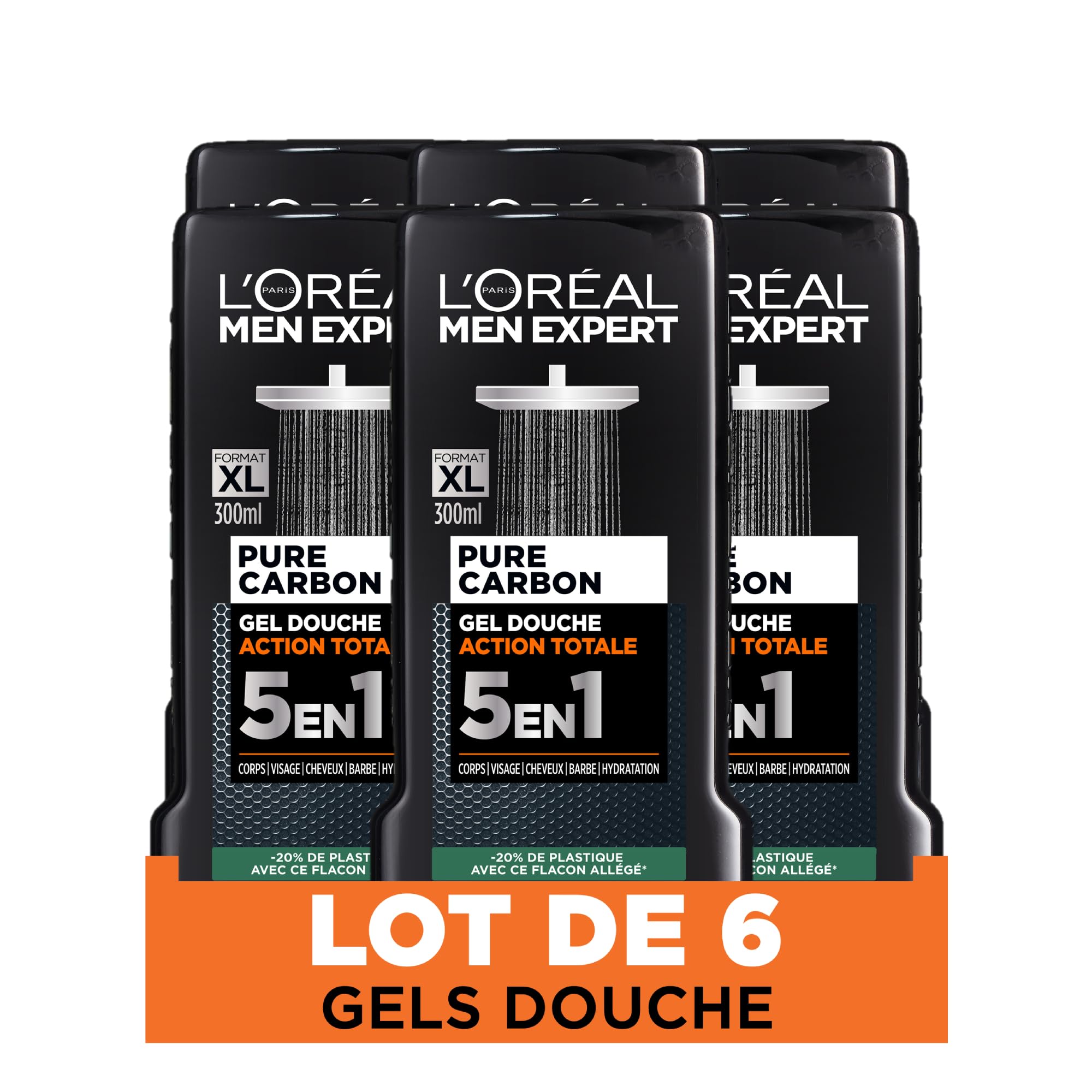L'Oréal Paris Men Expert Pure Carbon Gel Douche 5en1 300ml Lot de 6 | Pouvoir carbone, Action totale corps cheveux visage, Impeccable tête aux pieds, Un seul geste, Gamme Pure Carbon