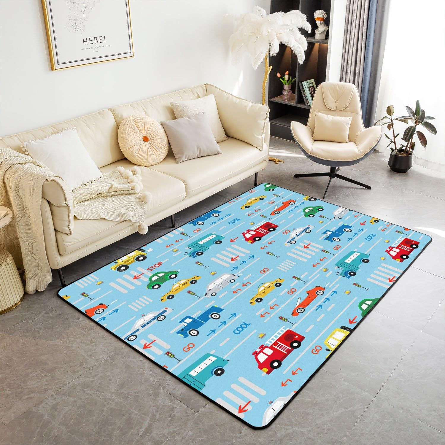 Tappeto per auto con cartoni animati, 150 x 200 cm, per bambini, veicoli di trasporto, auto, soggiorno, tappeti per ragazzi e ragazze, camion dei pompieri, tappeto decorativo per interni, tappetino b