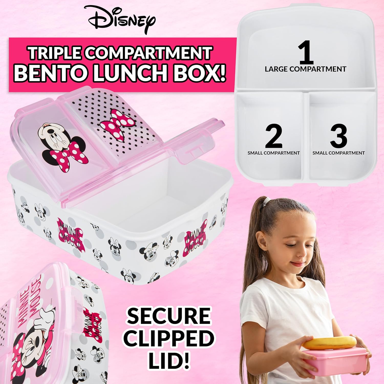 Disney Minnie Mouse Kids Lunch Box with Compartments and Water Bottle with Straw (Pink)