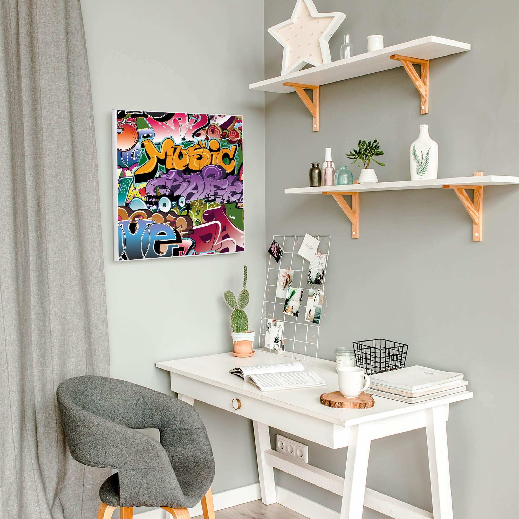 banjado Magnettafel 50 x 50 cm/Magnetwand aus Metall/Magnetpinnwand als Memoboard/Pinnwand Magnettafel Küche, Büro, Kinderzimmer inkl. 4 Magnete & Montageset - Motiv Graffiti