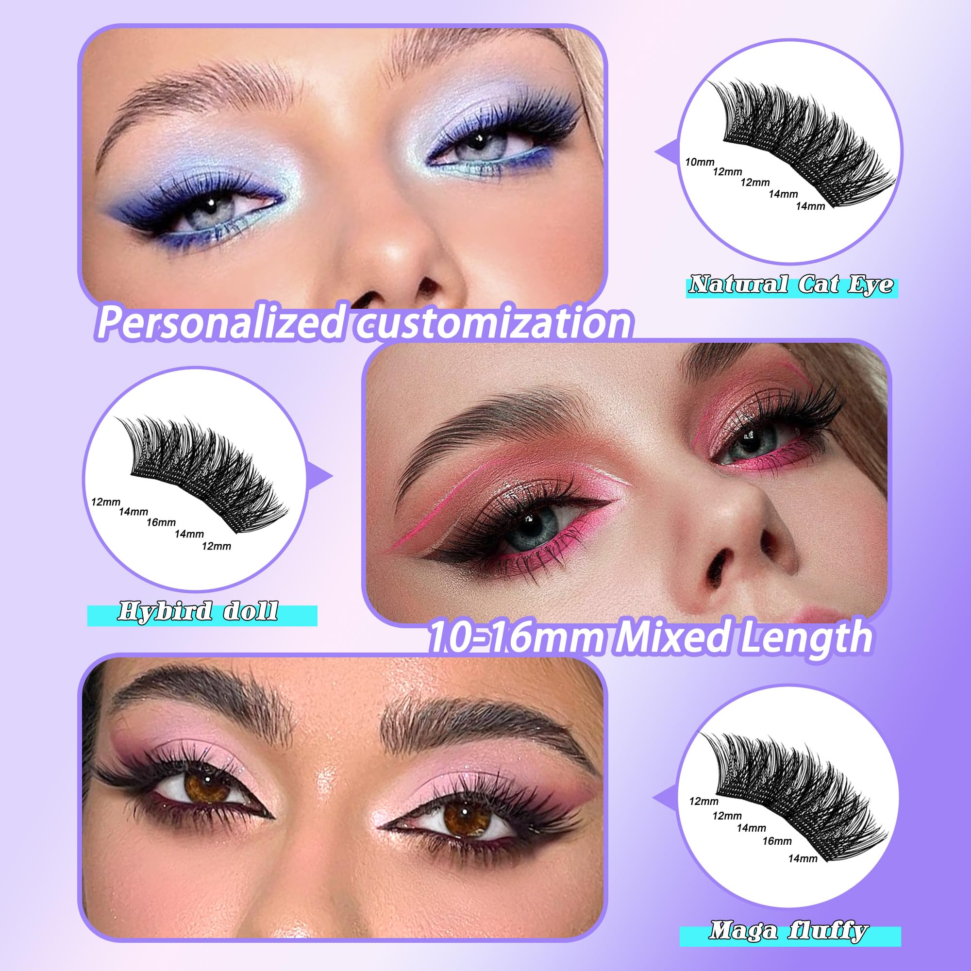 PURELEOR Cluster Lashes Kit Including Bond and Seal DIY Individual Eyelashes Extensions - Image 3