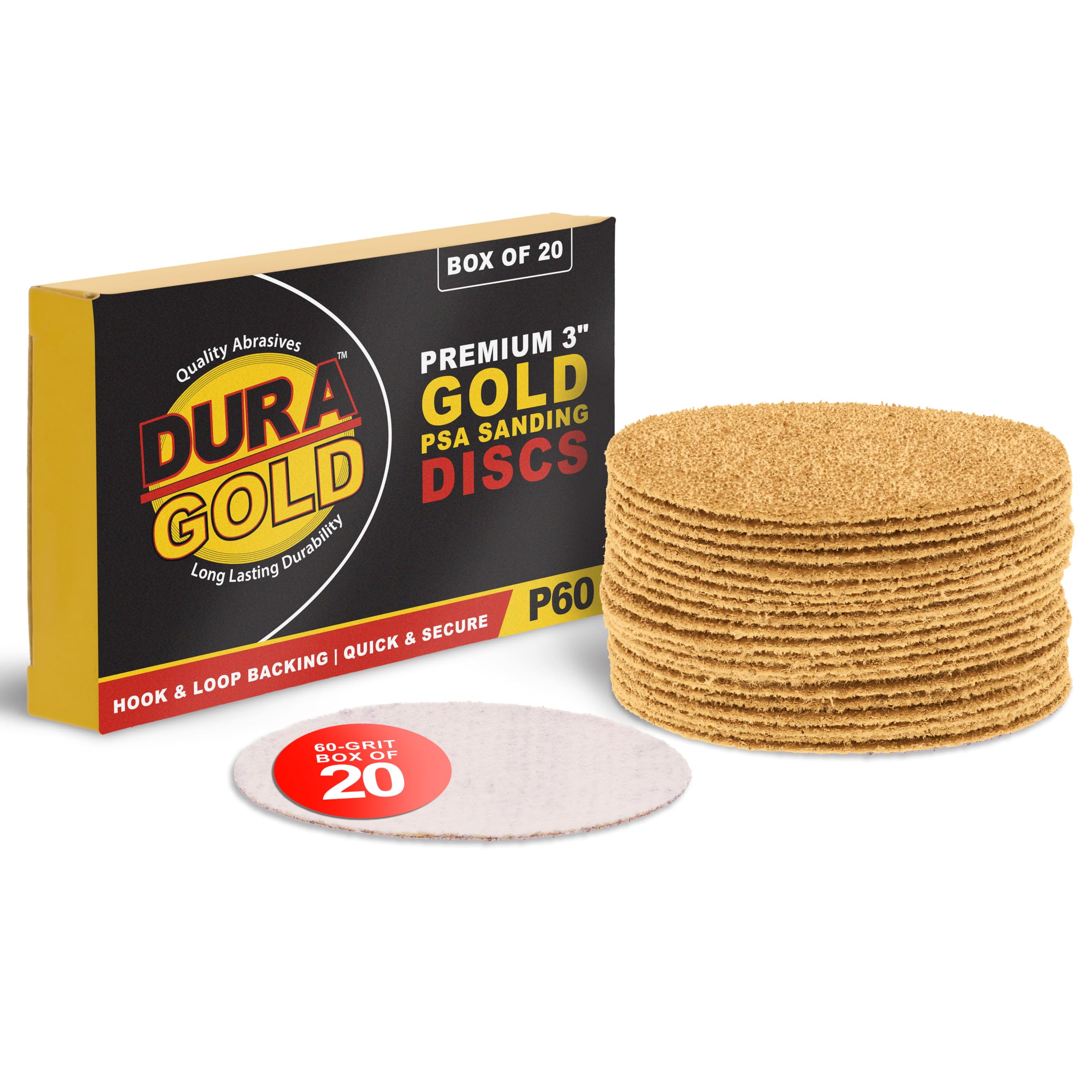 Dura-Gold - Premium - 60 Grit 3" Gold Hook & Loop Sanding Discs for DA Sanders - Box of 20 Sandpaper Finishing Discs for Automotive and Woodworking