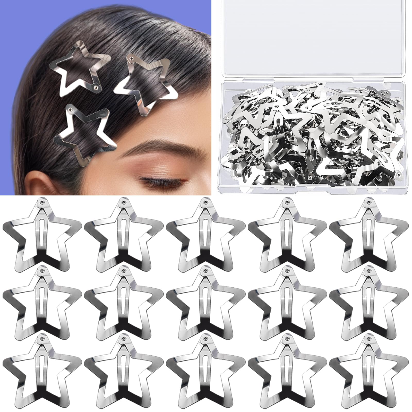 YGDZ 30 PCS 1.61" Star Hair Clips, Y2K Hair Accessories, Silver Clips for Girls Women, Rave Accessories, Non Slip Barrettes, Metal Snap Hair Clips