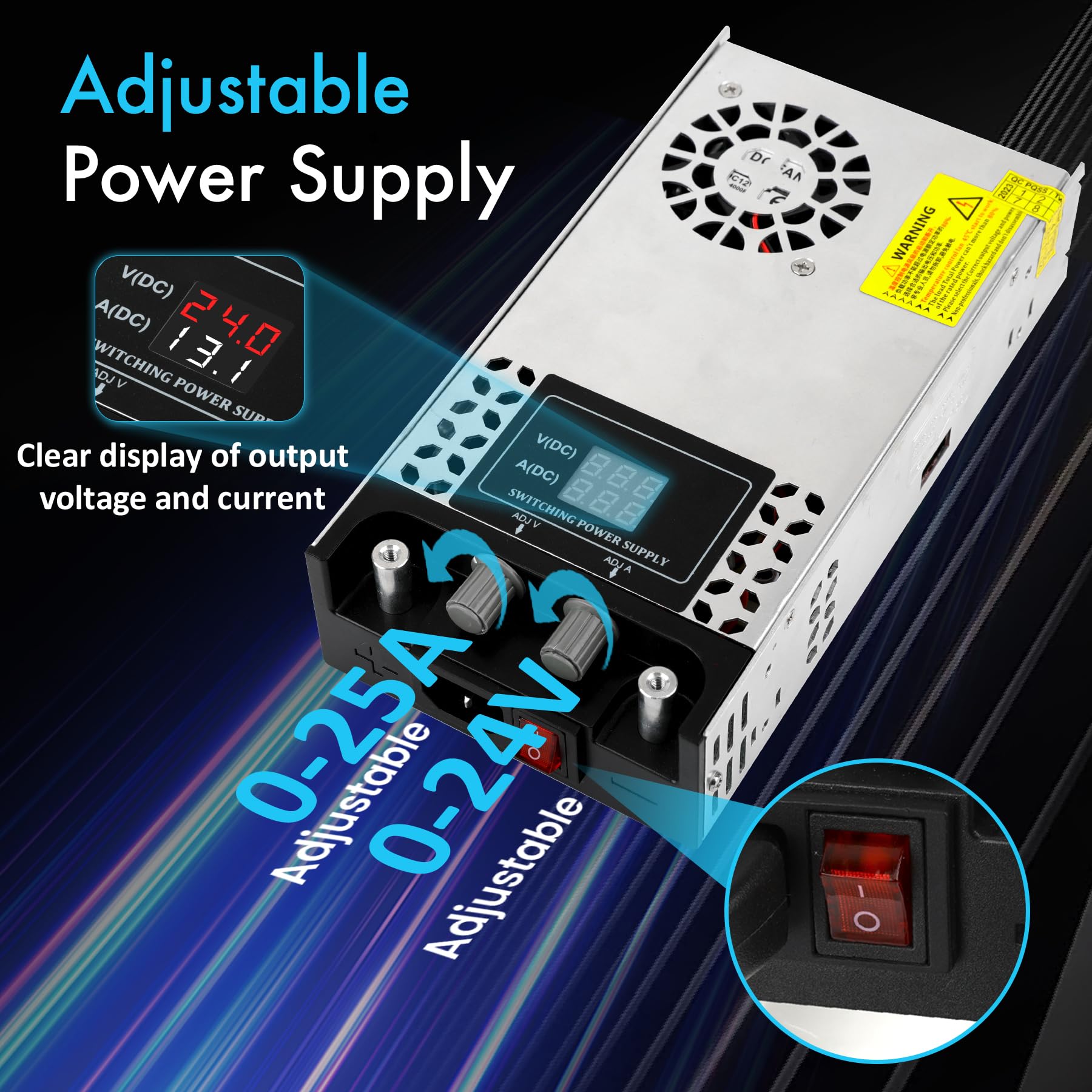 Regolabile DC 0-24V Alimentatore 25A 600W Trasformatore 230V AC a DC 0-12Volt convertitore 0-50A 600W Alimentatore con LED Display, per Pompa CCTV Telecamera di sicurezza Auto Stereo 3D Stampante