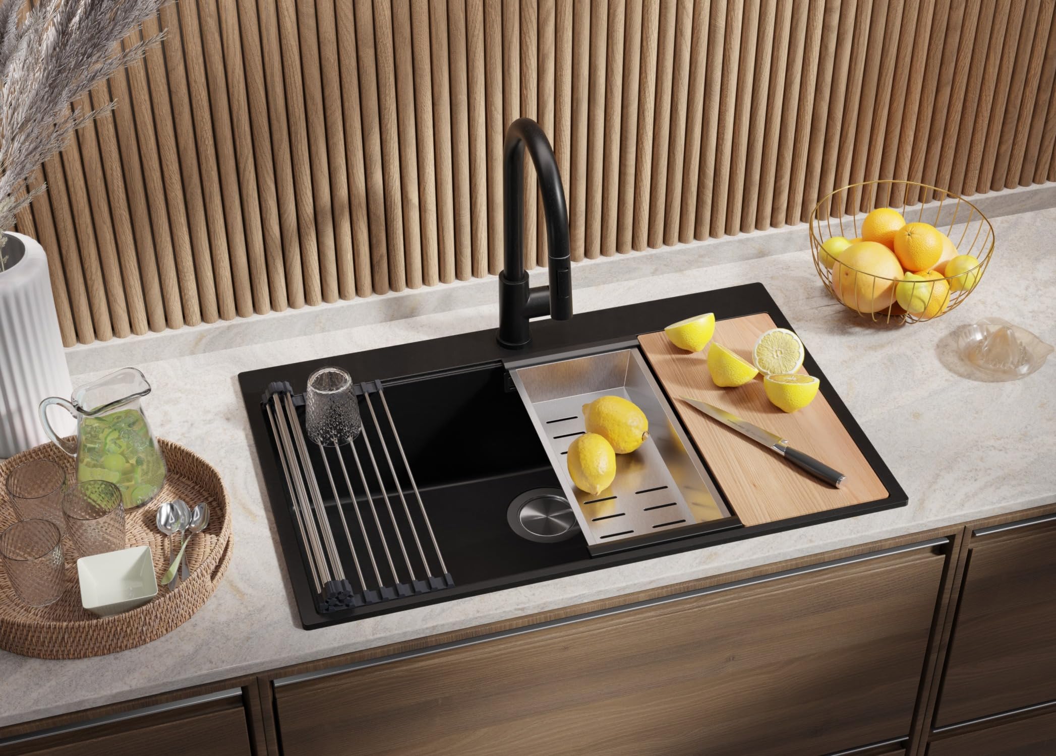 PRIMAGRAN Lavello da Cucina Nero 78x50cm, Lavandino in Granito a 1 vasca + Set di accessori, Lavabo da Cucina Incasso al Mobile 80cm - Oslo Top S557