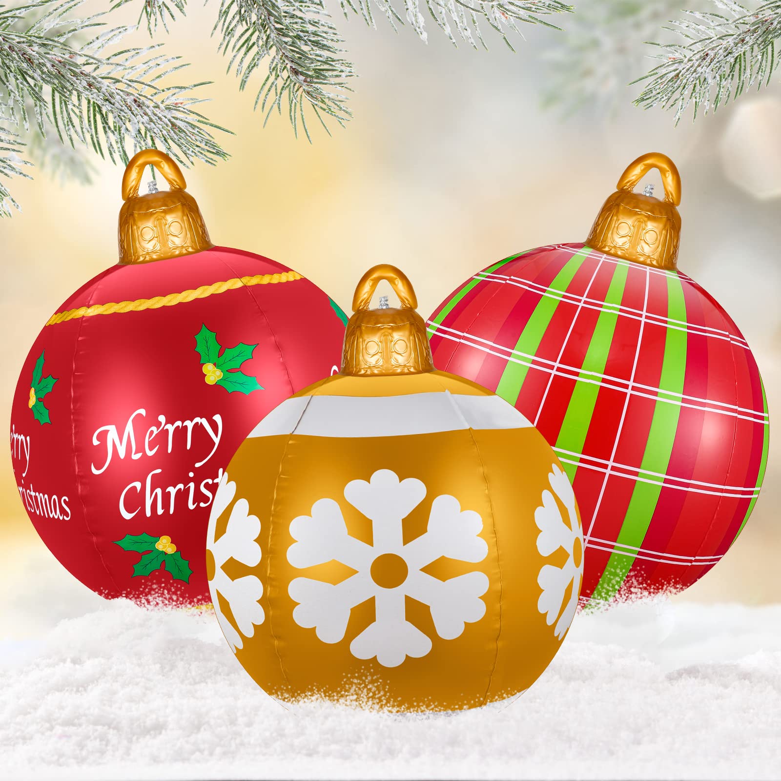 Photo 1 of 3 Pcs 23.6 Inch Giant Christmas PVC Inflatable Decorated Ball Blow up Inflatable Christmas Yard Decorations Outdoor Large Xmas Ornaments Balls for Outside Lawn Yard Holiday Pool Decoration (Classic)