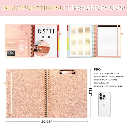 Miniatura 6 de Portapapeles de cuero en espiral de oro rosa con almacenamiento para mujeres, cartera de 5 carpetas con 10 bolsillos, carpeta organizadora plegable
