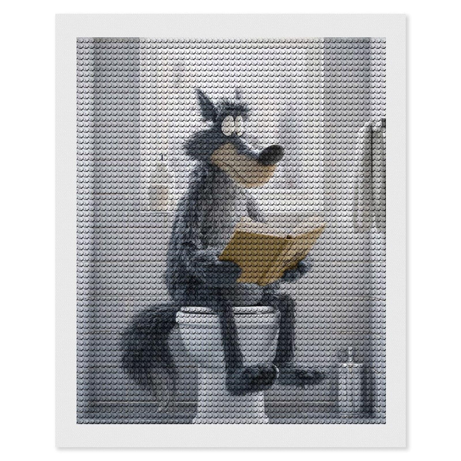Junmoney Wolf Reading on Toilet DIY Diamond Art Canvas Kit 16"x20", Adhesive Canvas, Easy to Enjoy, Farmhouse Decor, Festive Craft Gift