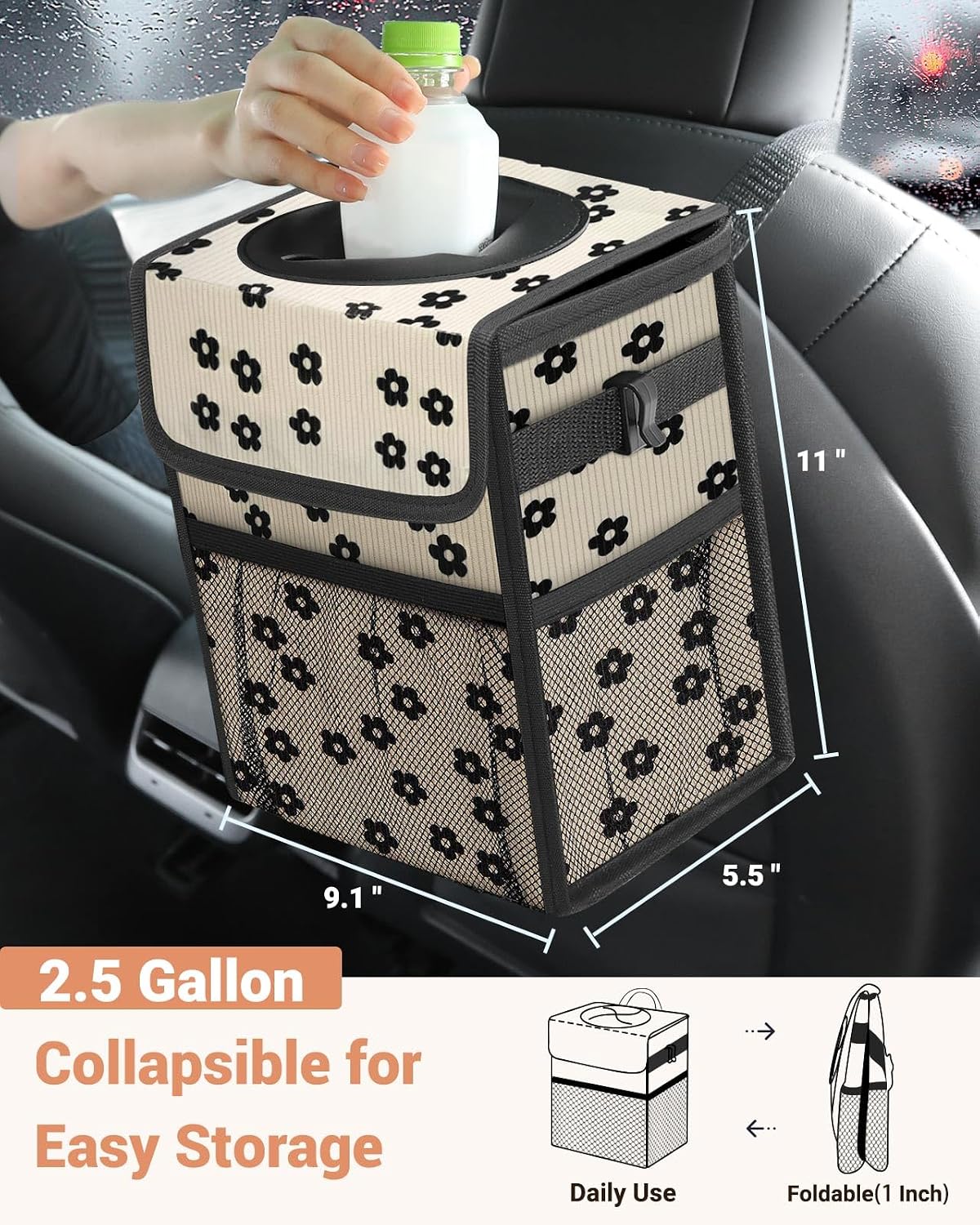 Capolo Car Trash Can with Lid, Leakproof Car Garbage Can Car Trash Bag