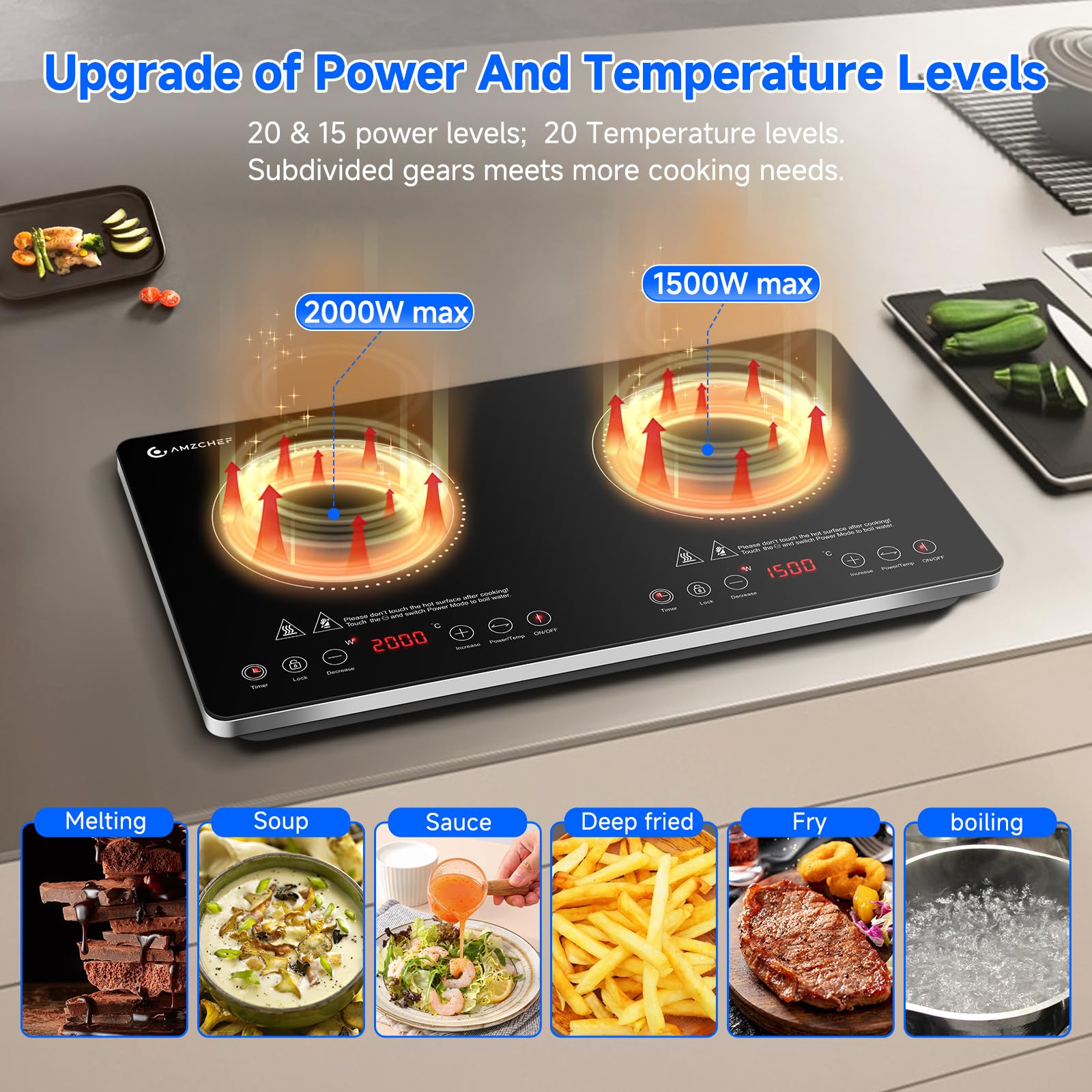 AMZCHEF Induktionskochfeld 2 Platten Freistehend, Induktionskochplatte 2 Platten 3500W mit Unabhängigen Steuerungen, 20 Temperaturstufen, mehrere Leistungseinstellungen, 4-Stunden-Timer
