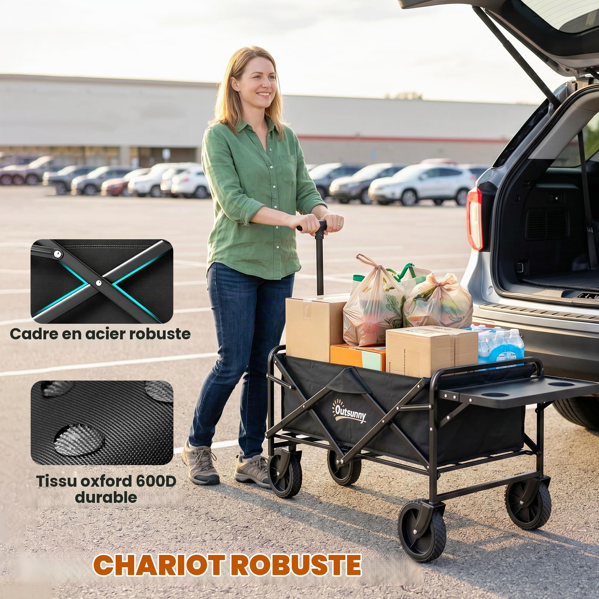 Outsunny Chariot de Transport Pliable, Chariot de Plage 4 Roues Dont 2 Roues Universelles, 140L 100 kg, Poignée Télescopique Inclinaison Réglable Plateau Pliable, pour Plage, Camping, Jardin, Noir