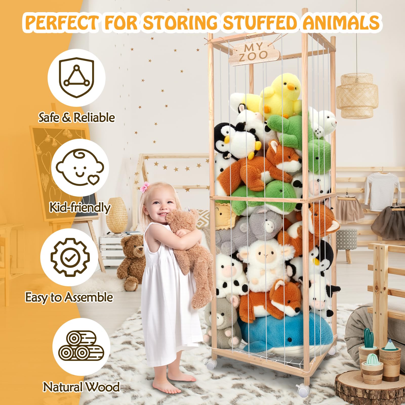 Erconsso Gabbia angolare per animali di peluche, gabbia angolare in legno per animali di peluche, strumento di archiviazione con corda elastica dinamica per sala giochi, camera dei bambini, camera da