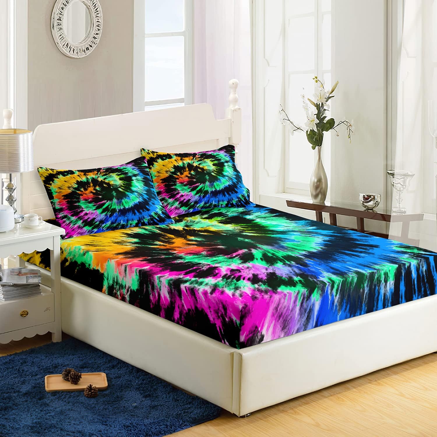 AILONEN Fulid Fitted Sheet Full Size, Purple Tie Dye Bed