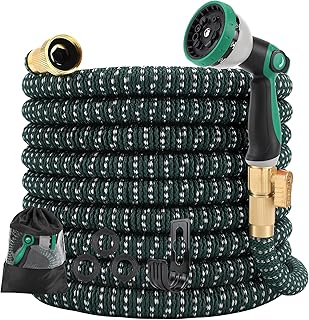 Gpeng Garden Hose, Expandable Water Hose 100 ft with 10 Function Nozzle,Triple Core Latex and 3/4" Solid Brass Fittings, Kink Free Retractable Collapsible Gardening Flexible Hose Pipe (DarkGreen)