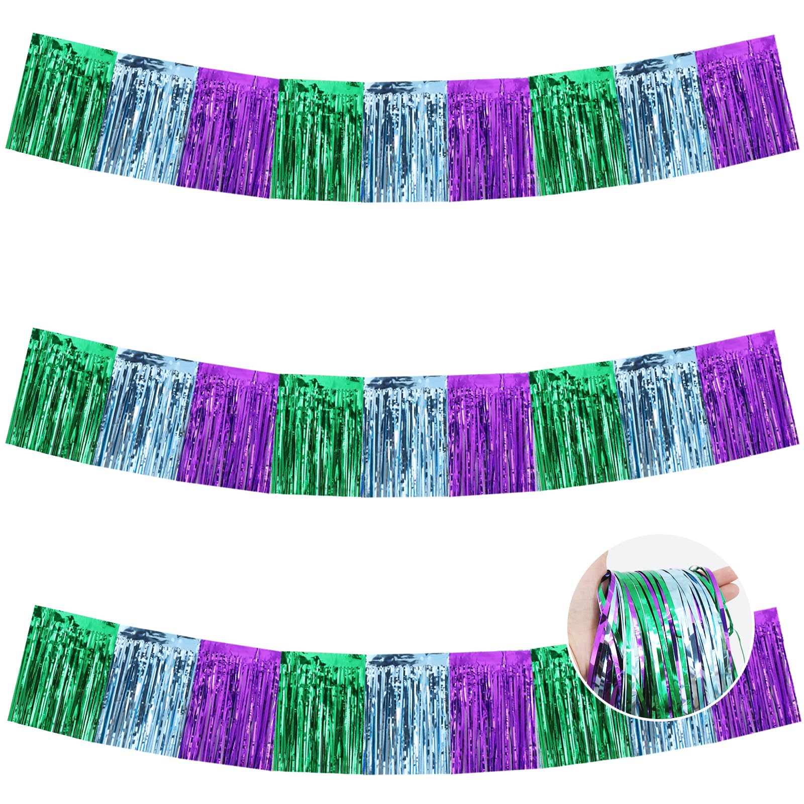 BEISHIDA 3PK Green Light Blue Purple Foil Fringe Garland 30ftTinsel Banner