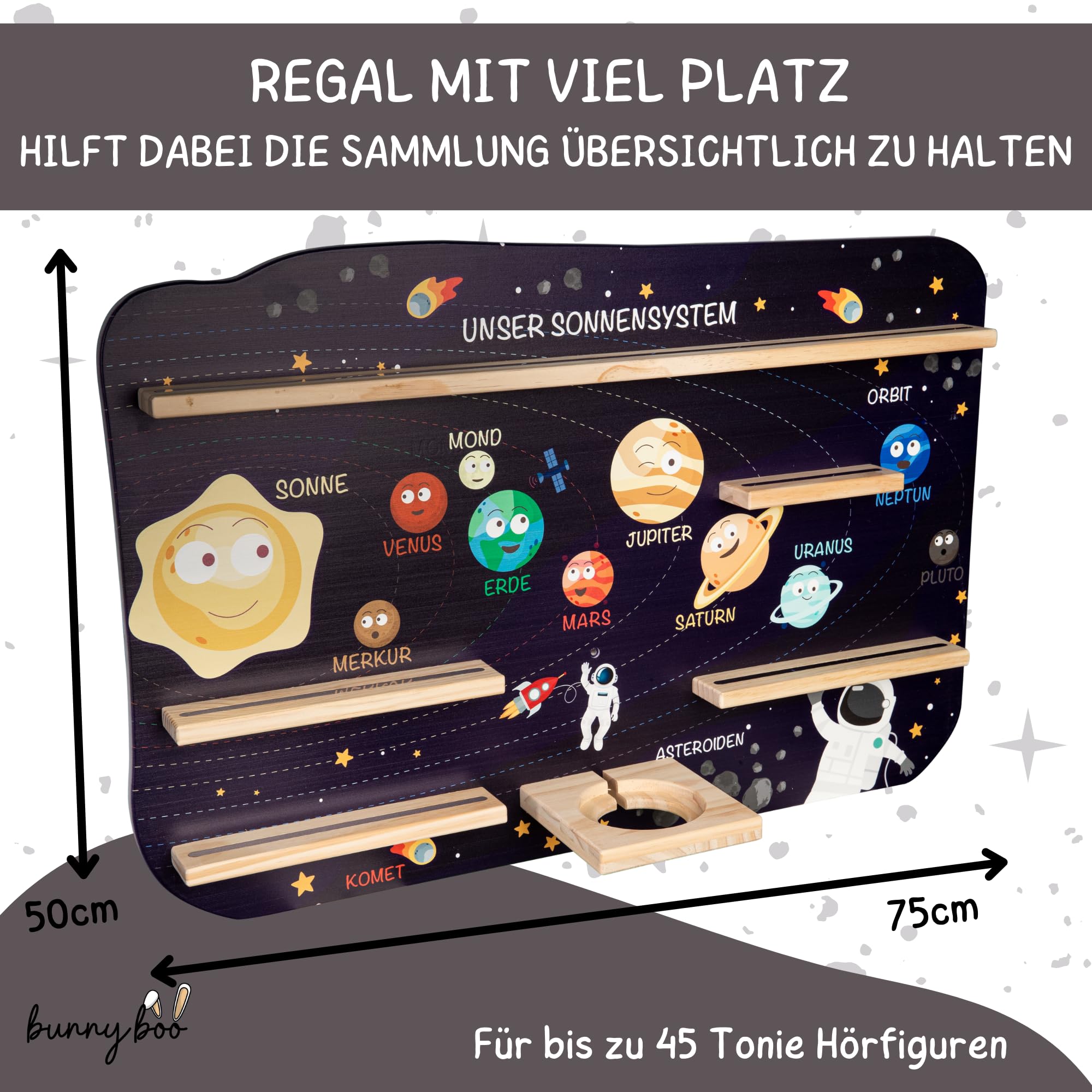 bunnyboo Toniebox Regal - für bis zu 45 Tonies - Testsieger 2024 - Magnetisches Regal für Toniebox und Figuren - geprüfte Qualität - Für Jungen und Mädchen (Astronaut)