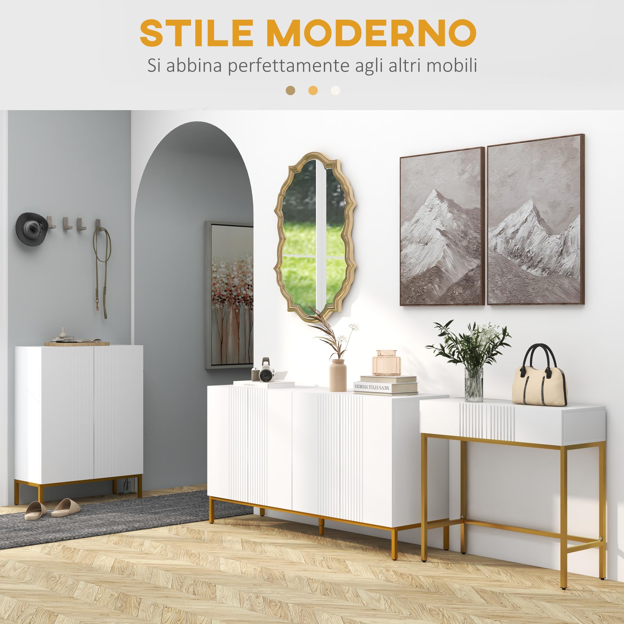 HOMCOM Consolle da Ingresso con 2 Cassetti 80x31.5x75cm Bianco | Tavolo Consolle, Gambe Dorate, per Soggiorno e Salotto