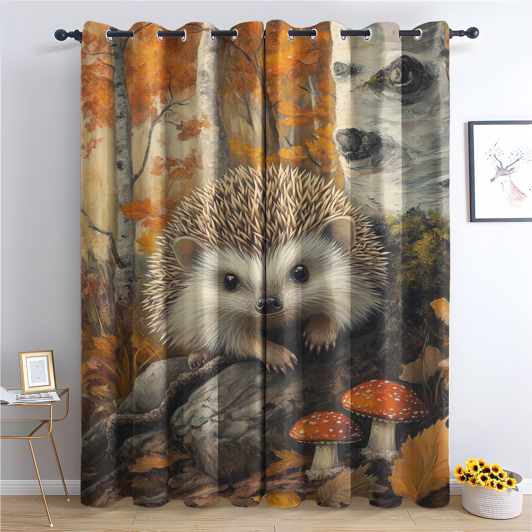 Luxfieo Hedgehog Blackout Curtains for Living Room Bedroom - 54 Inch Drop Curtains 66x54, Cute Forest Woodland Animal Patterned Window Treatments, Thermal Eyelet Drapes 2 Panels