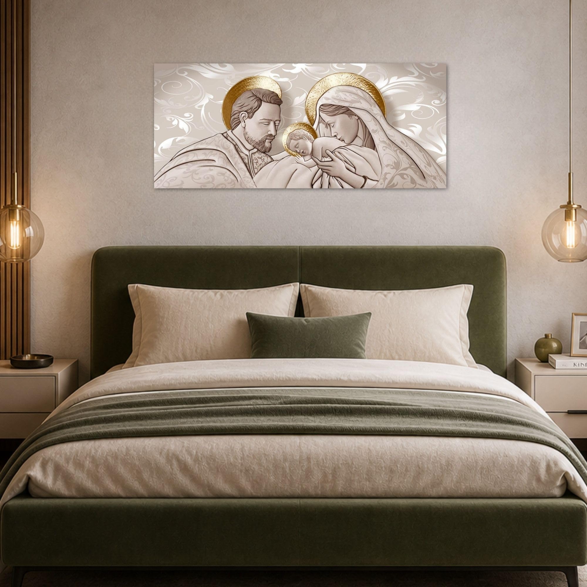Lupia - Cuadro Moderno Sagrada Familia, Arte Religioso de Alta Definición, Decoración de Pared Artesanal Italiana, Ideal para Sala de Estar y Despacho, Marrón, 52x122 cm, PVC