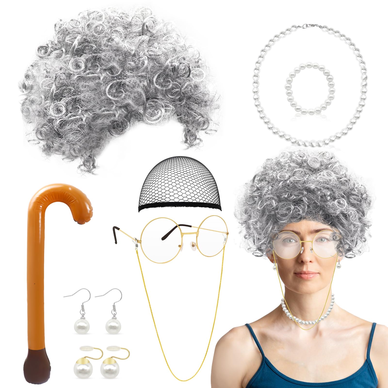 8pcs Old Lady Costume Set, Granny Wig Set Including Glasses Necklace Inflatable Walking Stick Earring Bracelet, Grandmother Fancy Dress for Christmas Halloween Cosplay