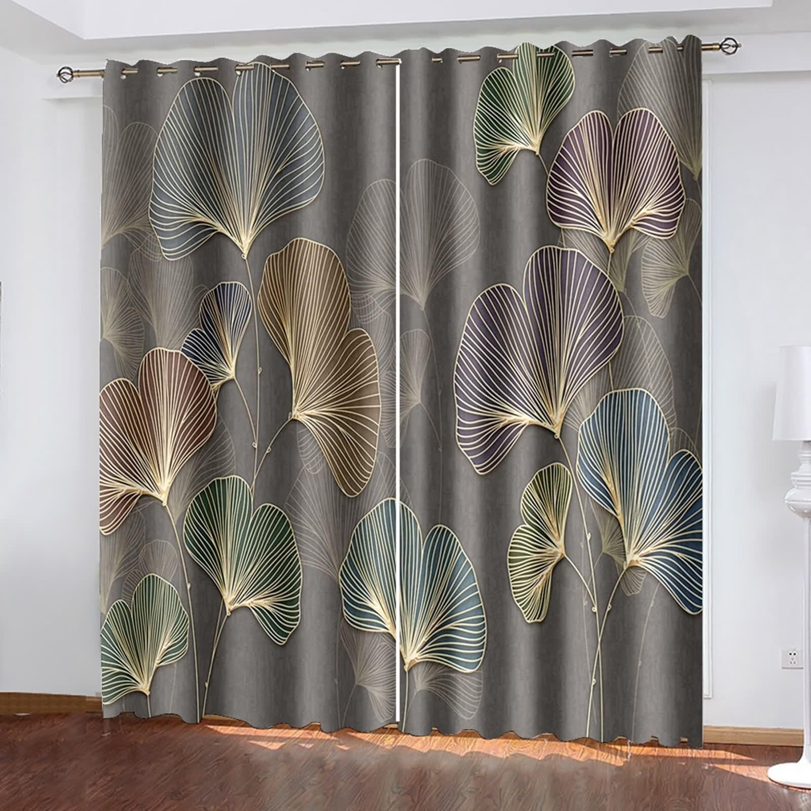 Rideau Anniversaire, Rideaux Fenetre Chambre Gris Foncé Polyester Motif de Feuille de Ginkgo 107L x 229H CM Lot de 2