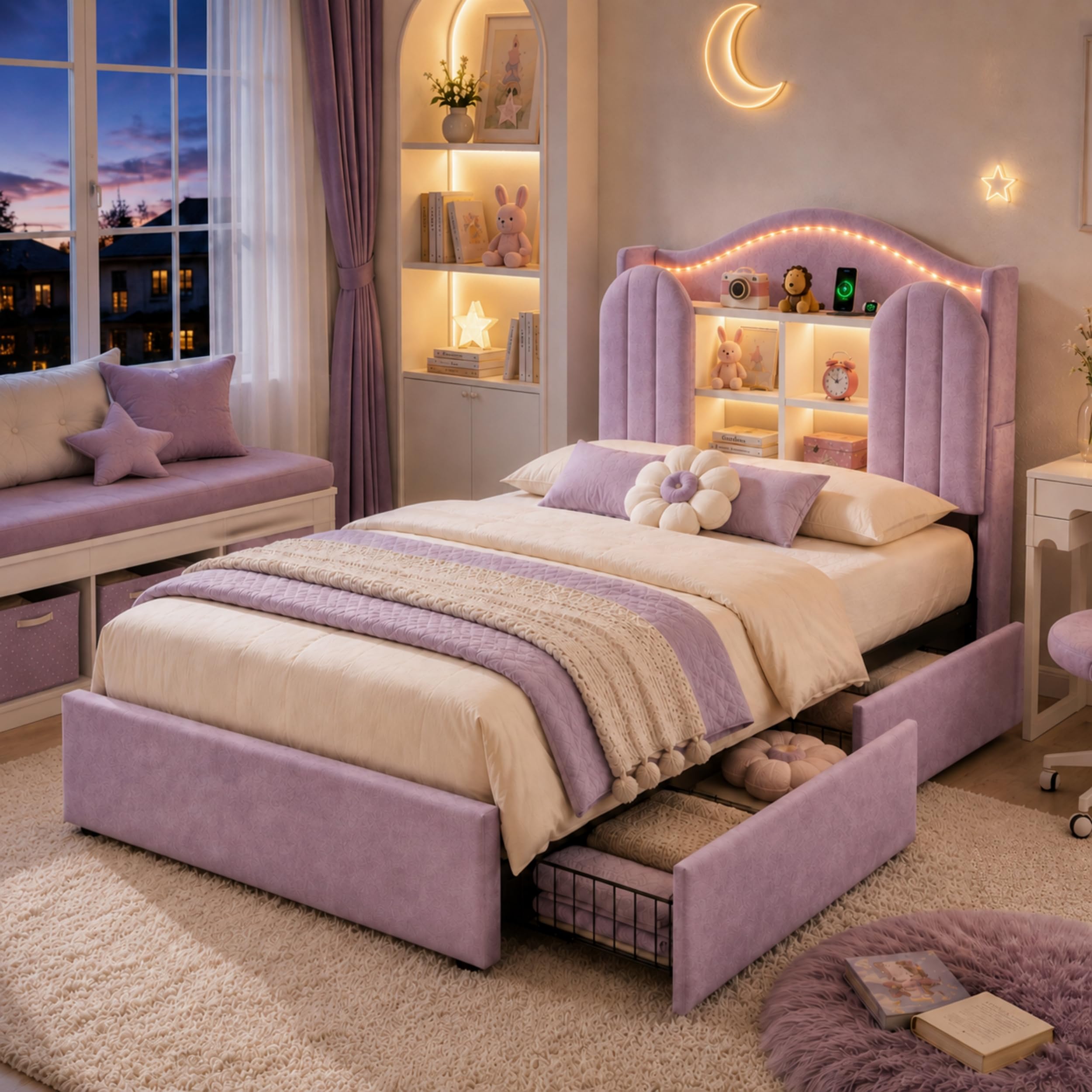Merax 3FT Single Bed Frame,Velvet Upholstered Storage Bed with LED,Purple