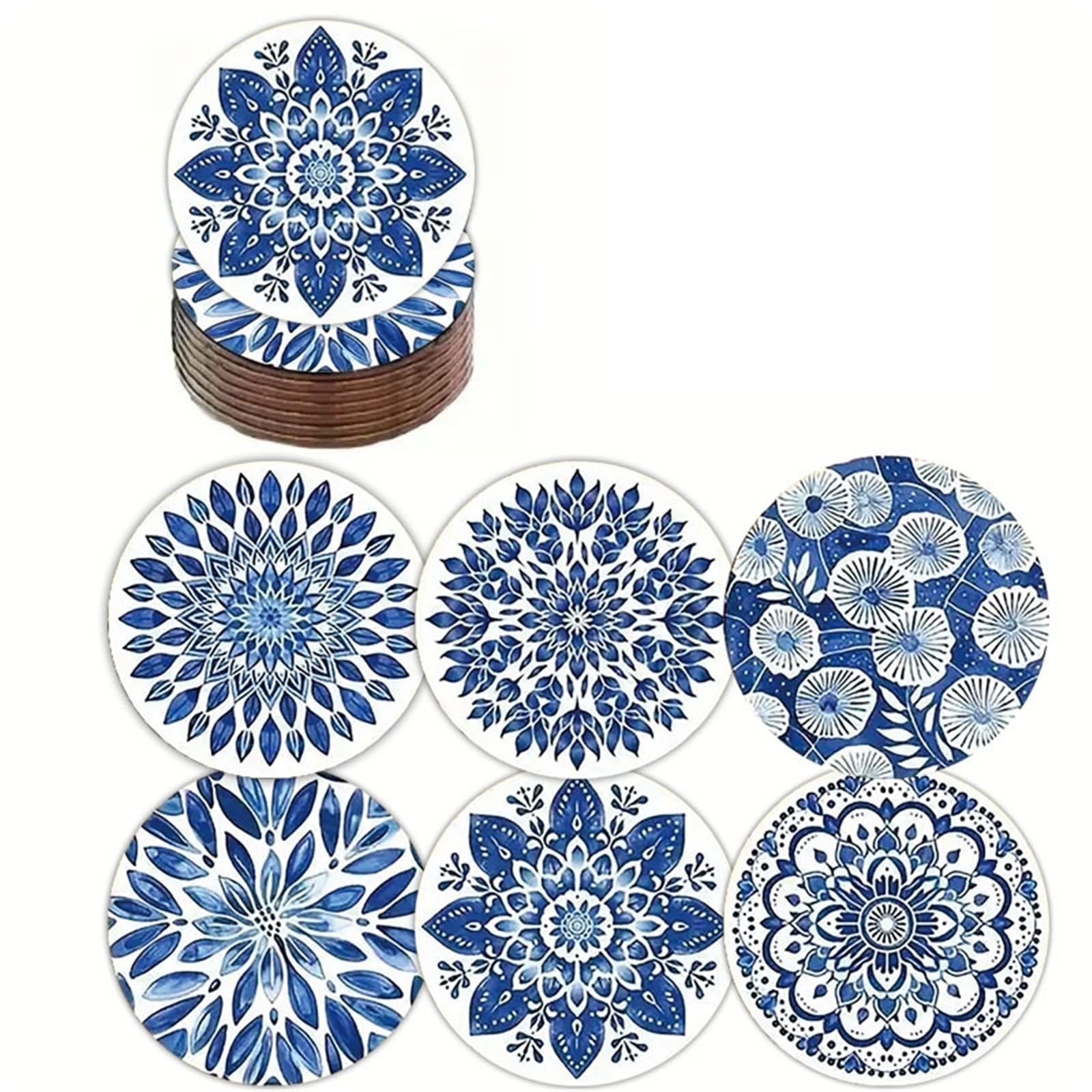 Wooden Round Coasters 6Pcs Mandala Flower Round Wooden Coasters