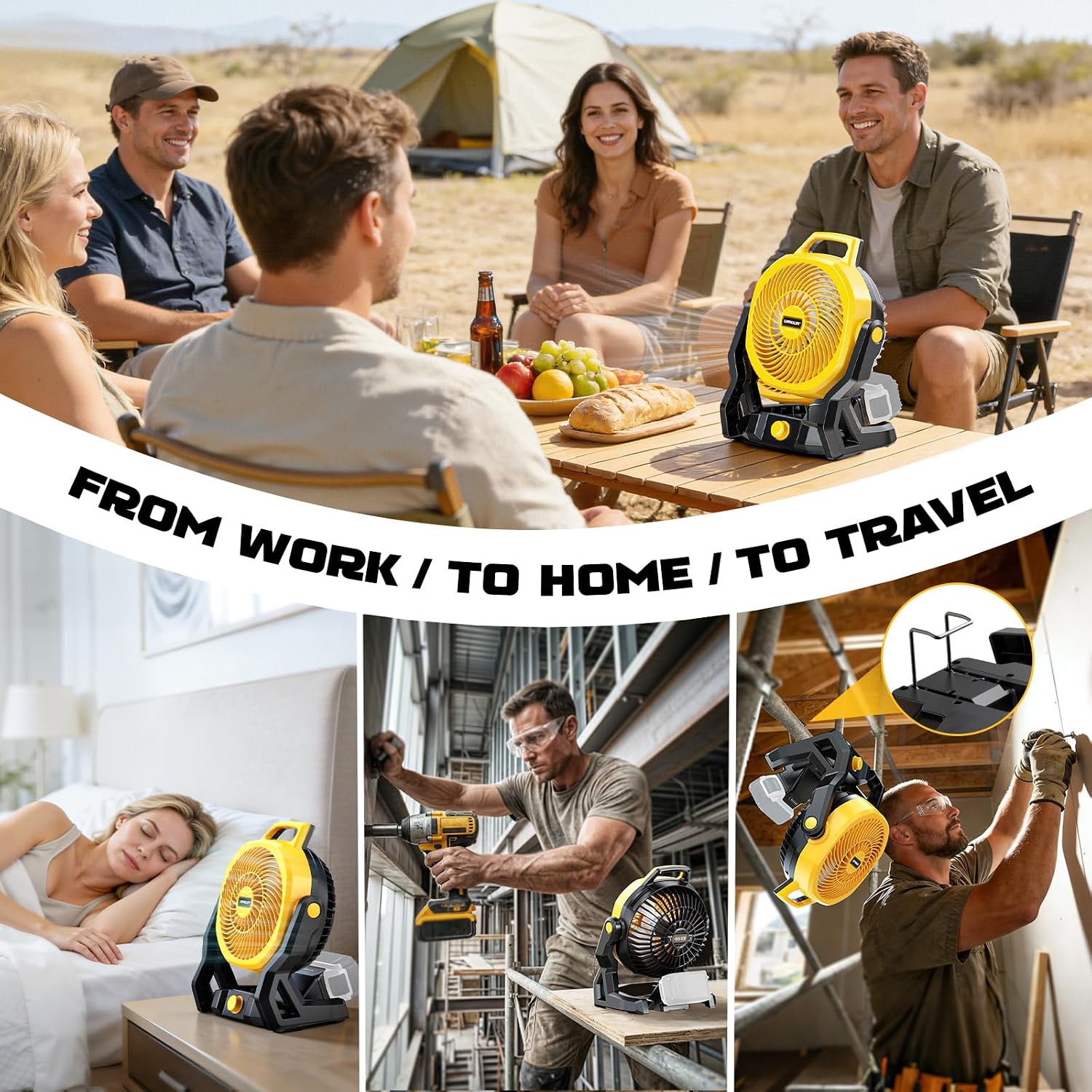 LIVOWALNY Battery Powered Fan Compatible with Dewalt 20V Battery 3500RPM with AC Adapter Portable Floor Fan with Hook Handle Variable Speed for Camping Jobsite Tent Outdoor (Battery Not Included)