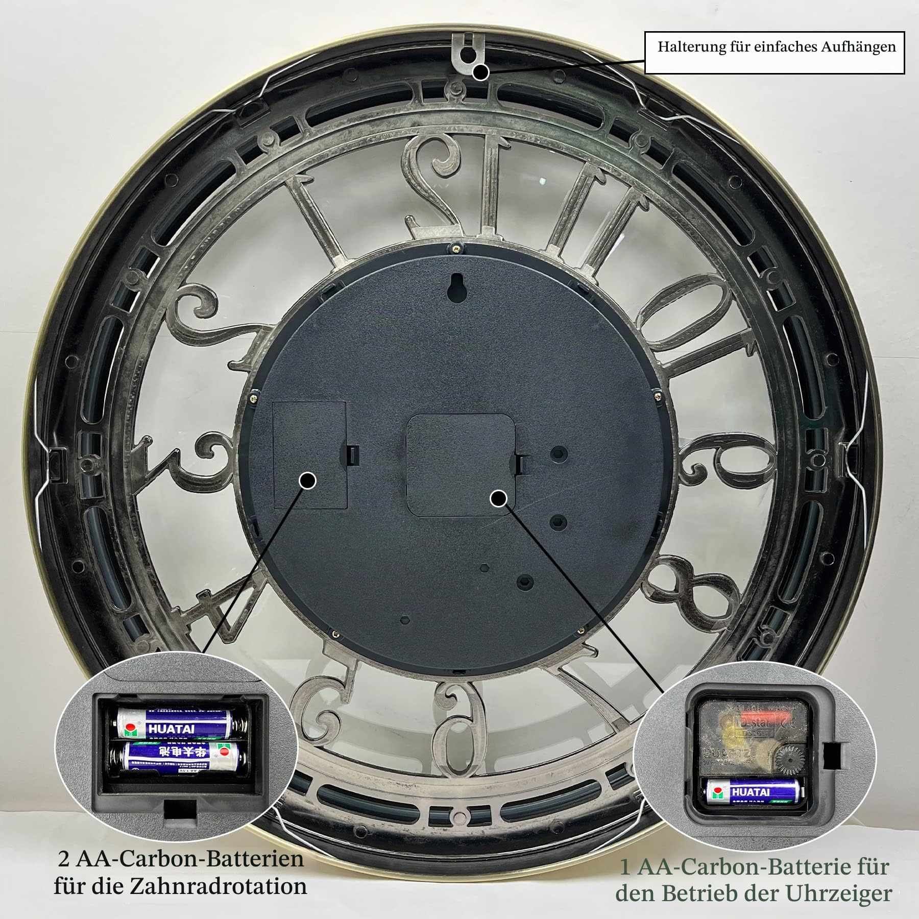 Wanduhr Groß mit Beweglichen Zahnrädern Moderne Industrial Steampunk XXL Vintage Retro Antike Metall Uhr für Küche Wohnzimmer Zuhause Bar Schule(53.5cm, Schwarzes Gold Arabische Ziffern)