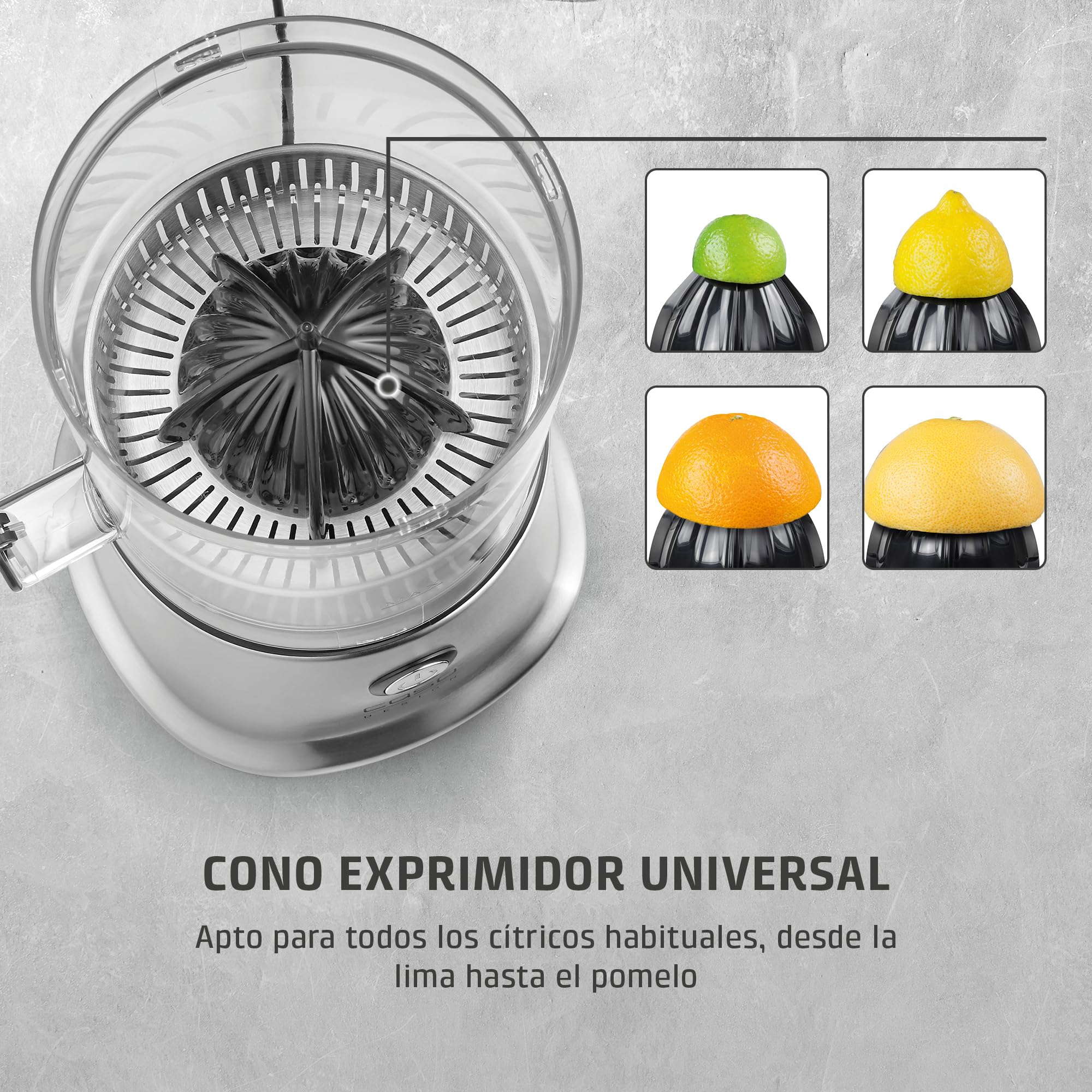 CASO CP 440 Lift Inox - Exprimidor Eléctrico con cono universal para Naranjas y Cítricos, 300W, antisalpicaduras, alta extracción de zumo, pies con ventosa, apto para lavavajillas, acero inoxidable